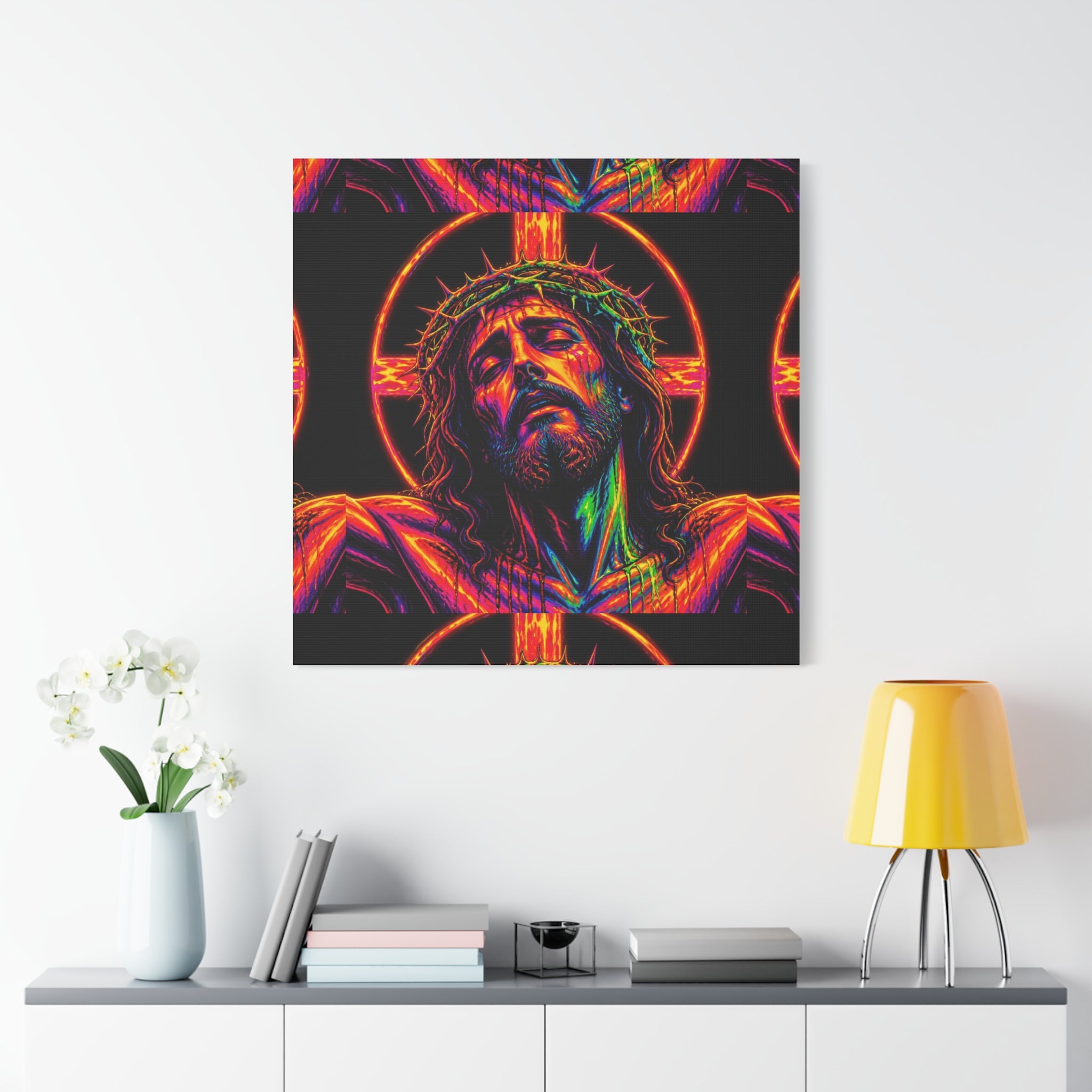 Neon Christ Crucifix Canvas Print — Vibrant Religious Wall Art