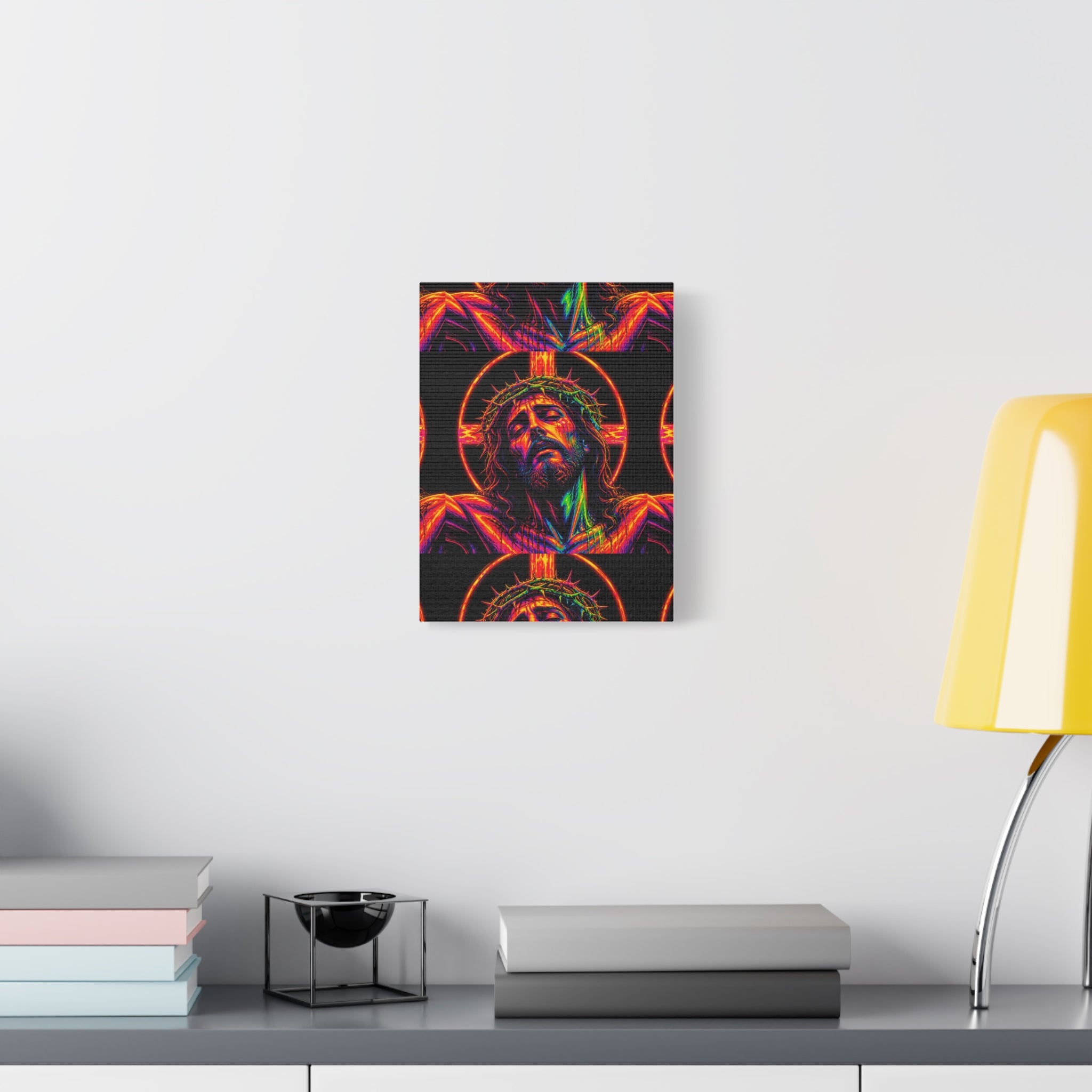 Neon Christ Crucifix Canvas Print — Vibrant Religious Wall Art