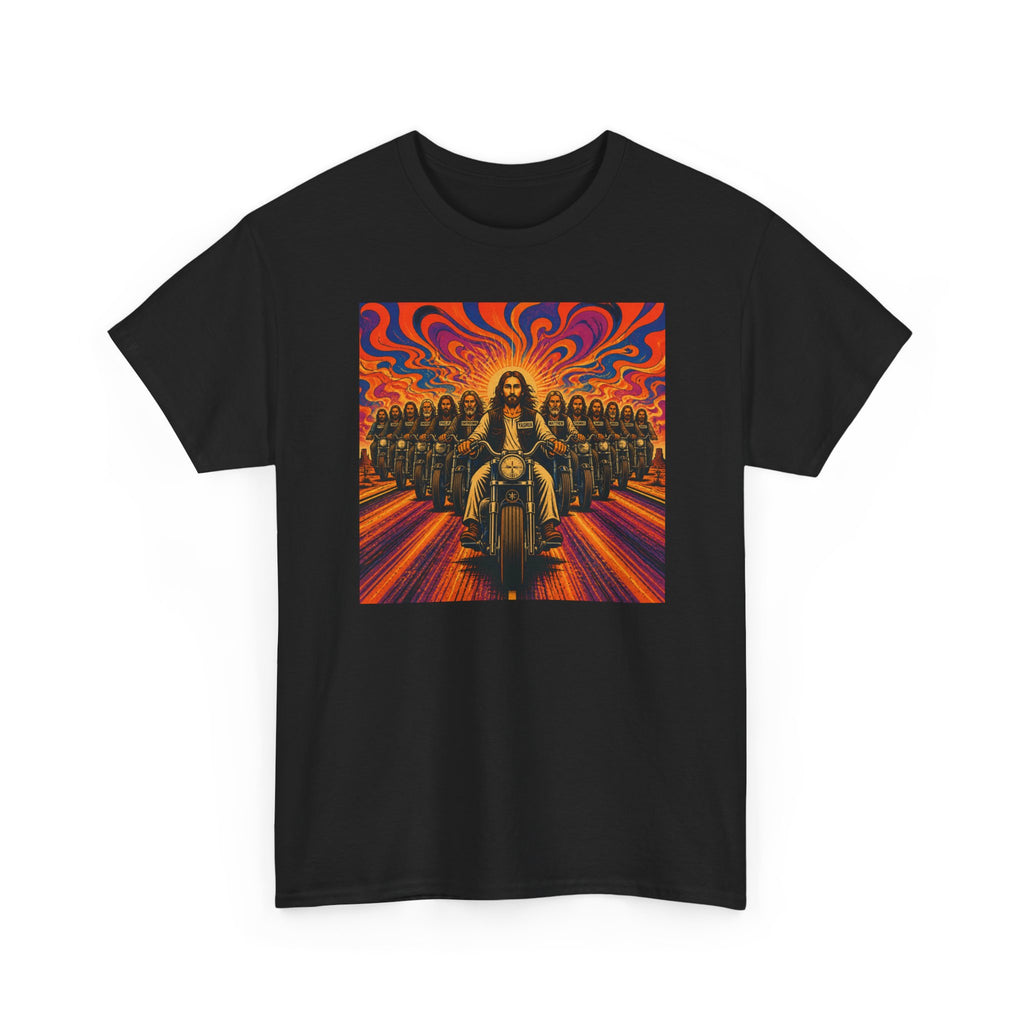 Psychedelic Yashua/Jesus Biker Crew T-Shirt — Retro Jesus Motorcycle Rider Graphic Tee