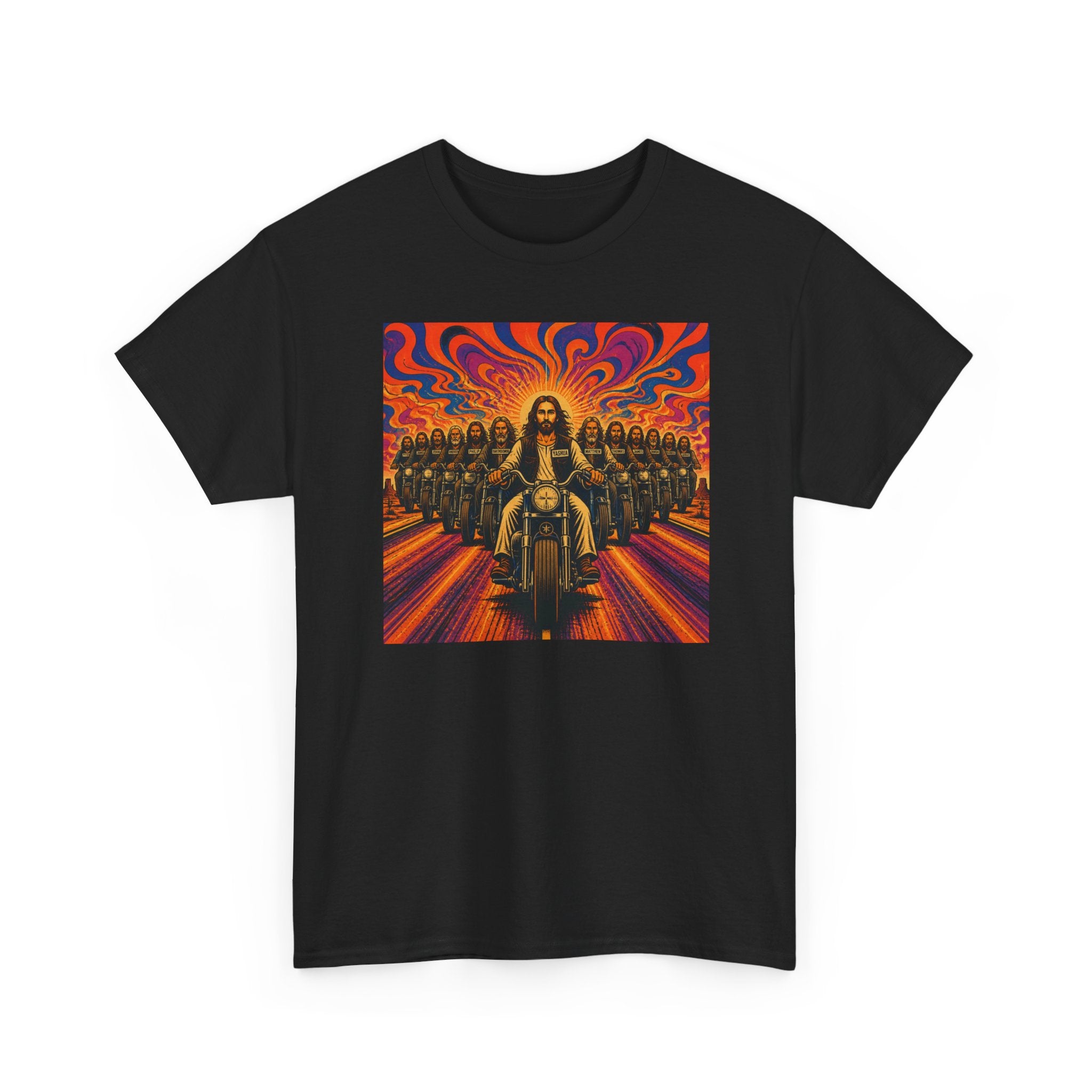 Psychedelic Yashua/Jesus Biker Crew T-Shirt — Retro Jesus Motorcycle Rider Graphic Tee