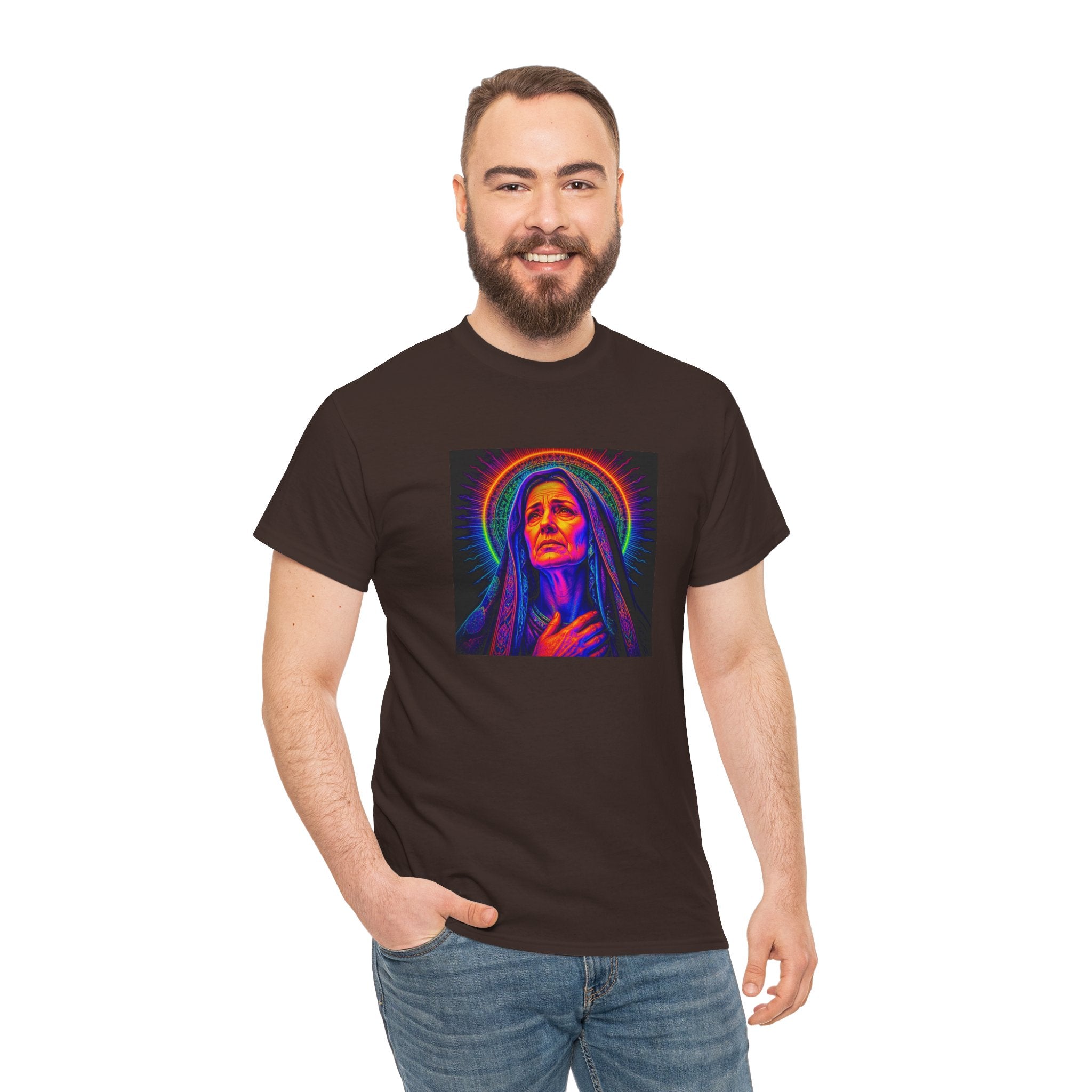T-Shirt — Neon Madonna Portrait Graphic Tee Mother of Christ