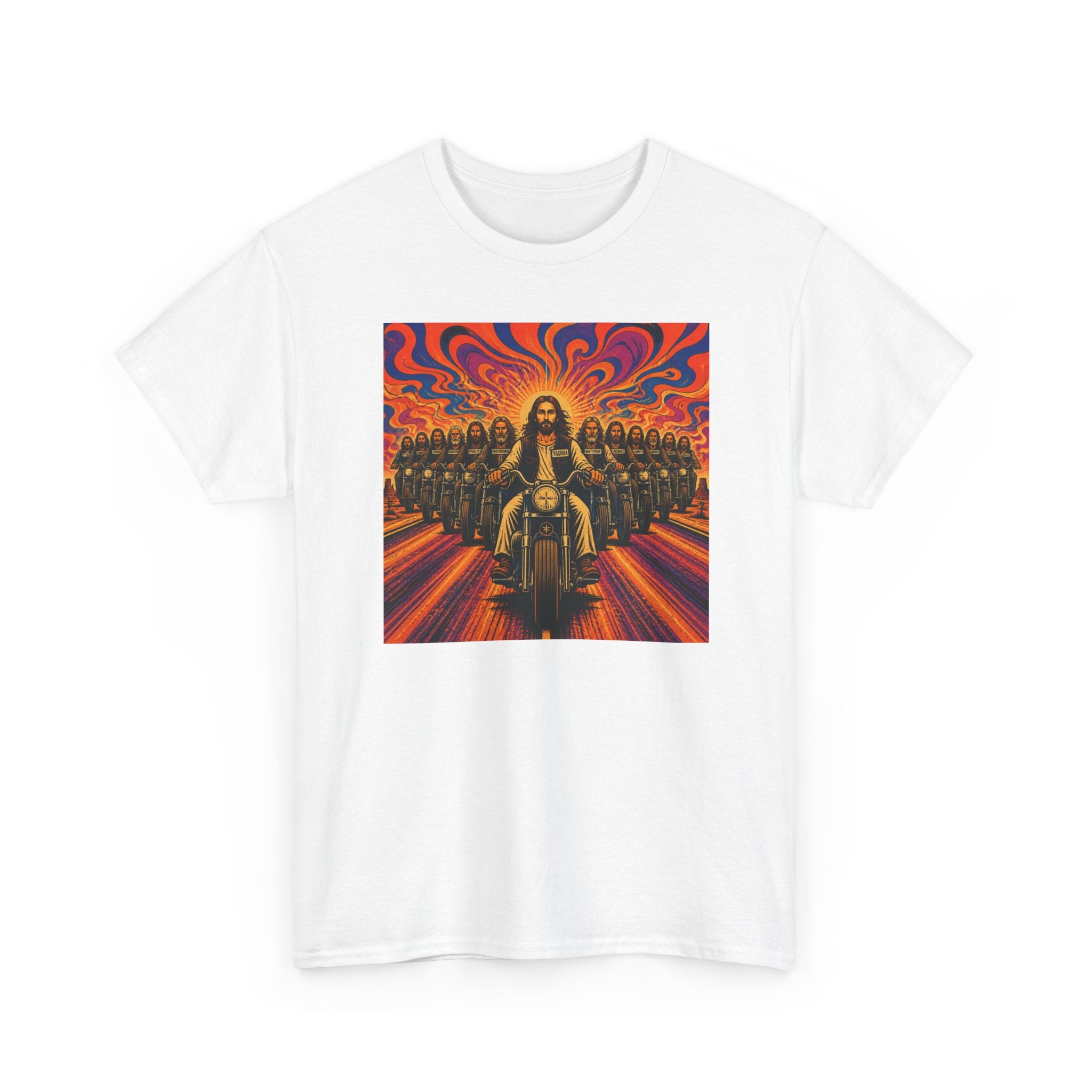 Psychedelic Yashua/Jesus Biker Crew T-Shirt — Retro Jesus Motorcycle Rider Graphic Tee