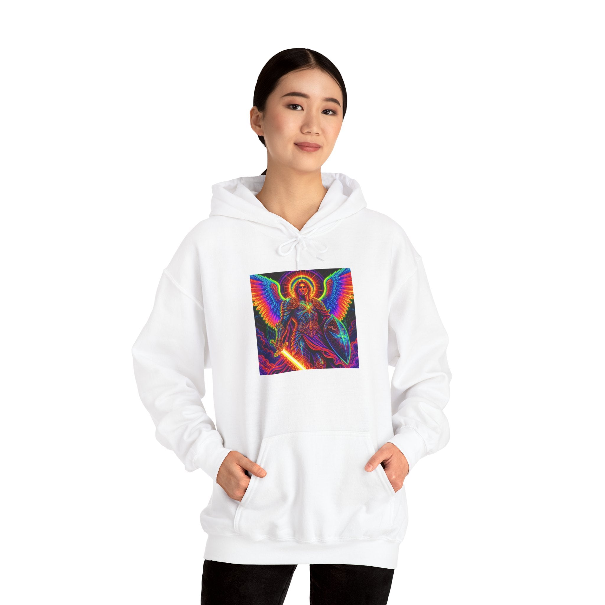 Psychedelic Angel Hoodie — Neon Rainbow Guardian Graphic Sweatshirt