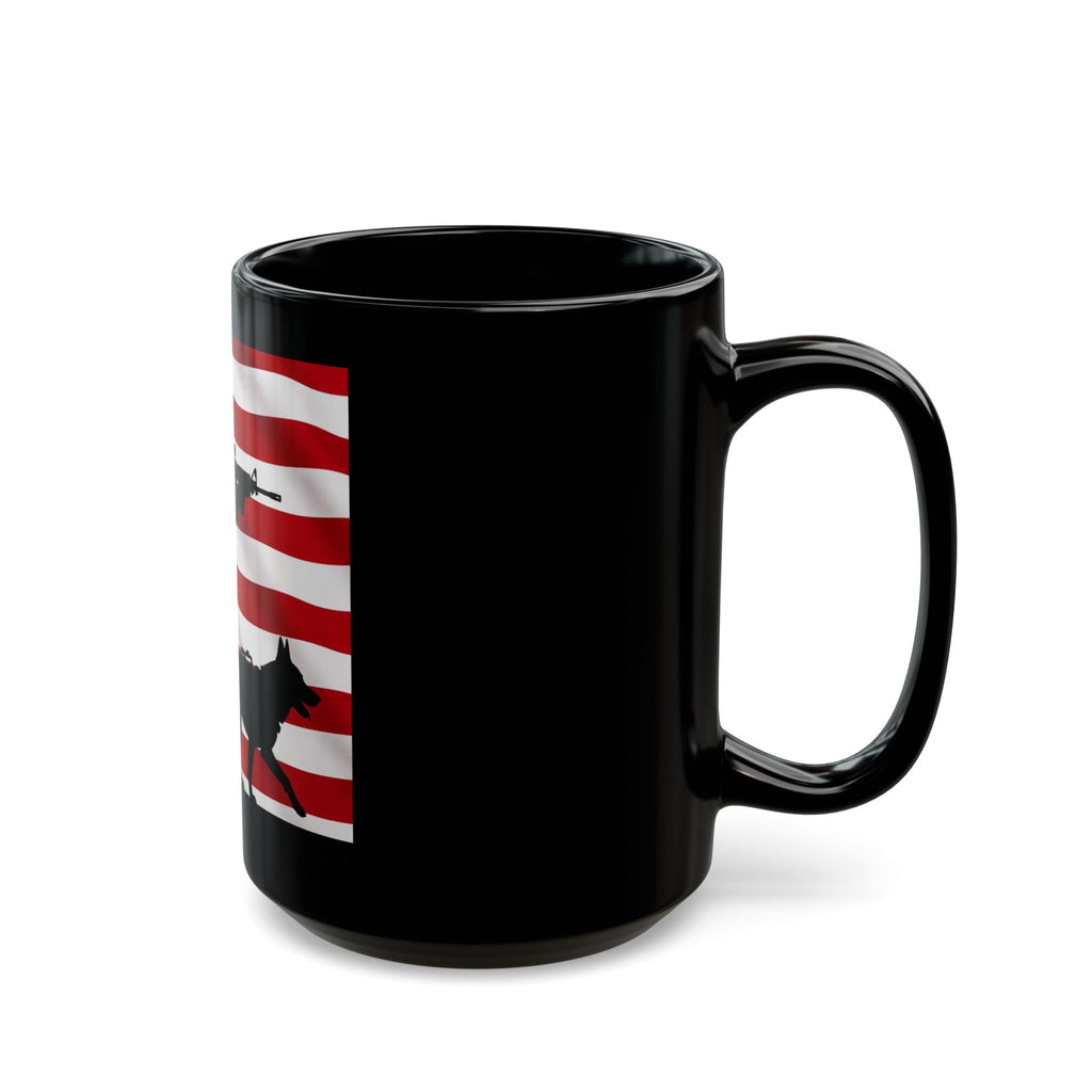 American Military K9 Mug — Soldier & Service Dog Silhouette with US Flag (11oz/15oz)