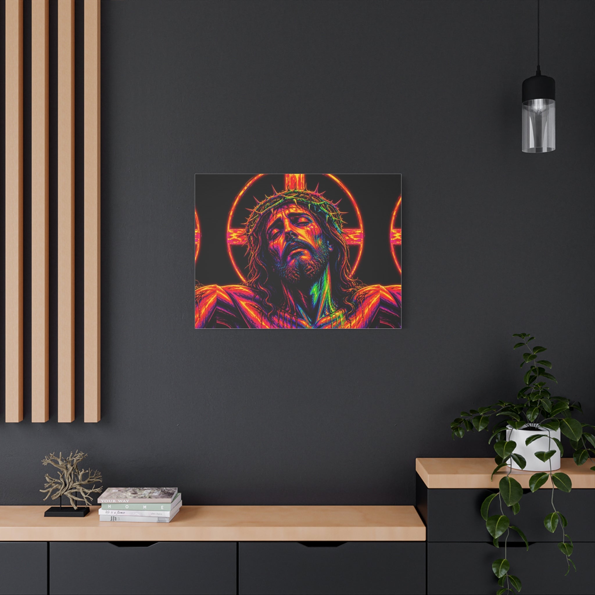 Neon Christ Crucifix Canvas Print — Vibrant Religious Wall Art