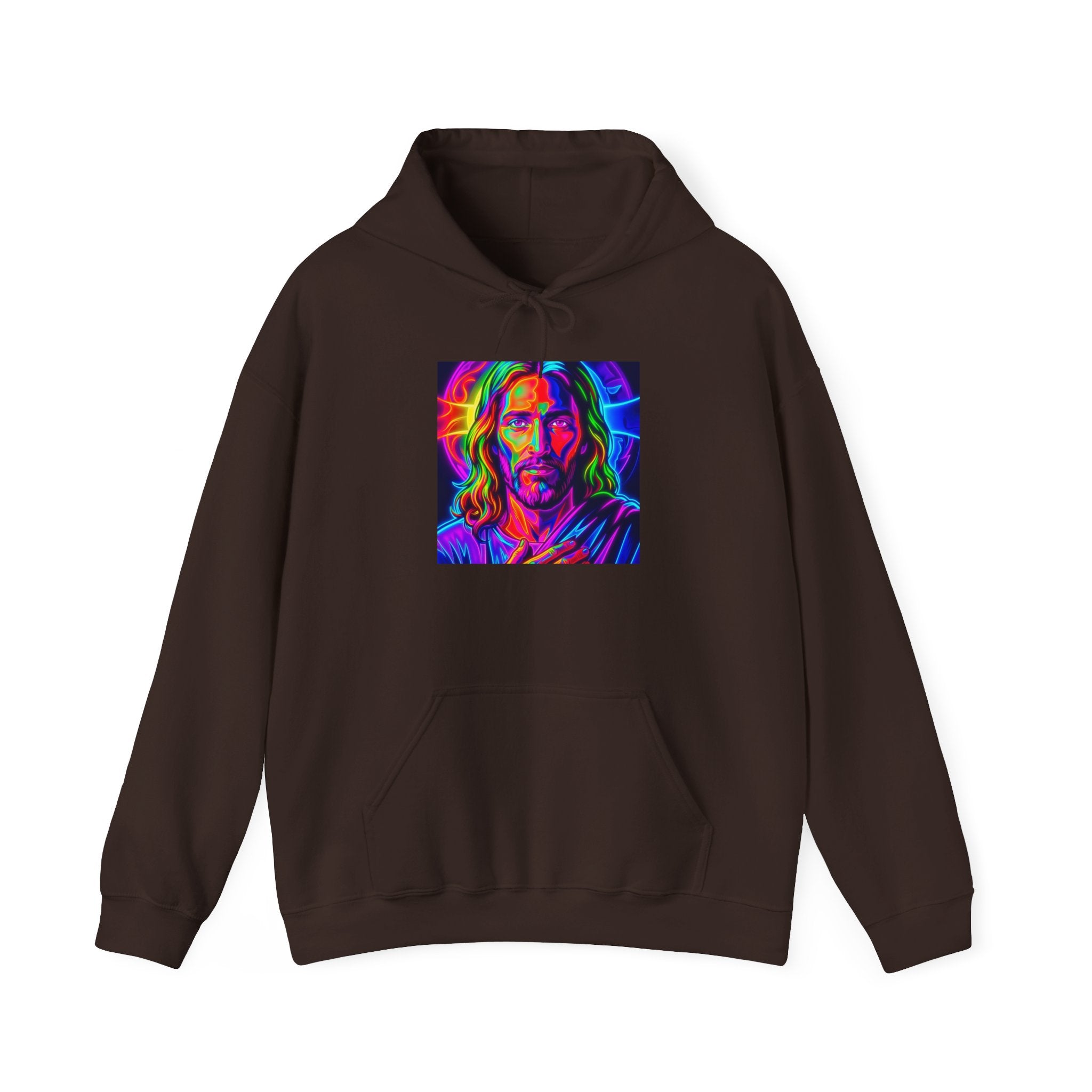 Psychedelic Jesus Portrait Hoodie — Vibrant Rainbow Christian Graphic Sweatshirt