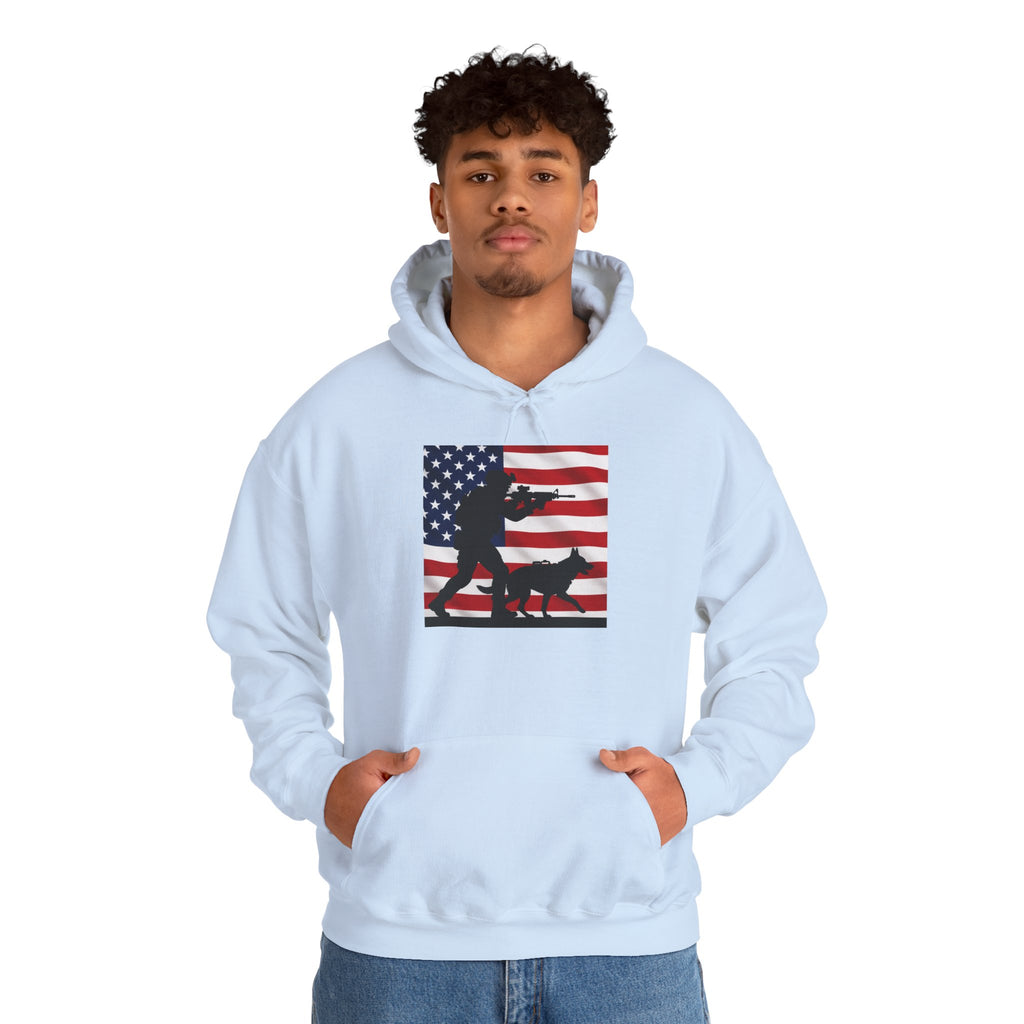 American K9 Handler Hoodie — US Flag Dog Silhouette Patriotic Sweatshirt