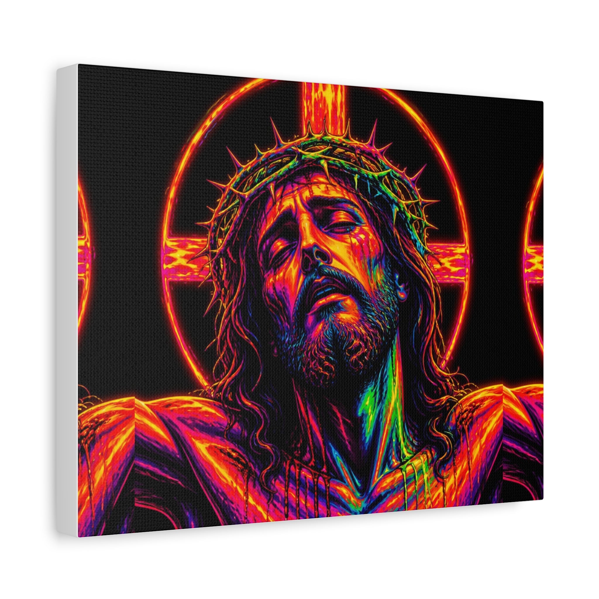 Neon Christ Crucifix Canvas Print — Vibrant Religious Wall Art