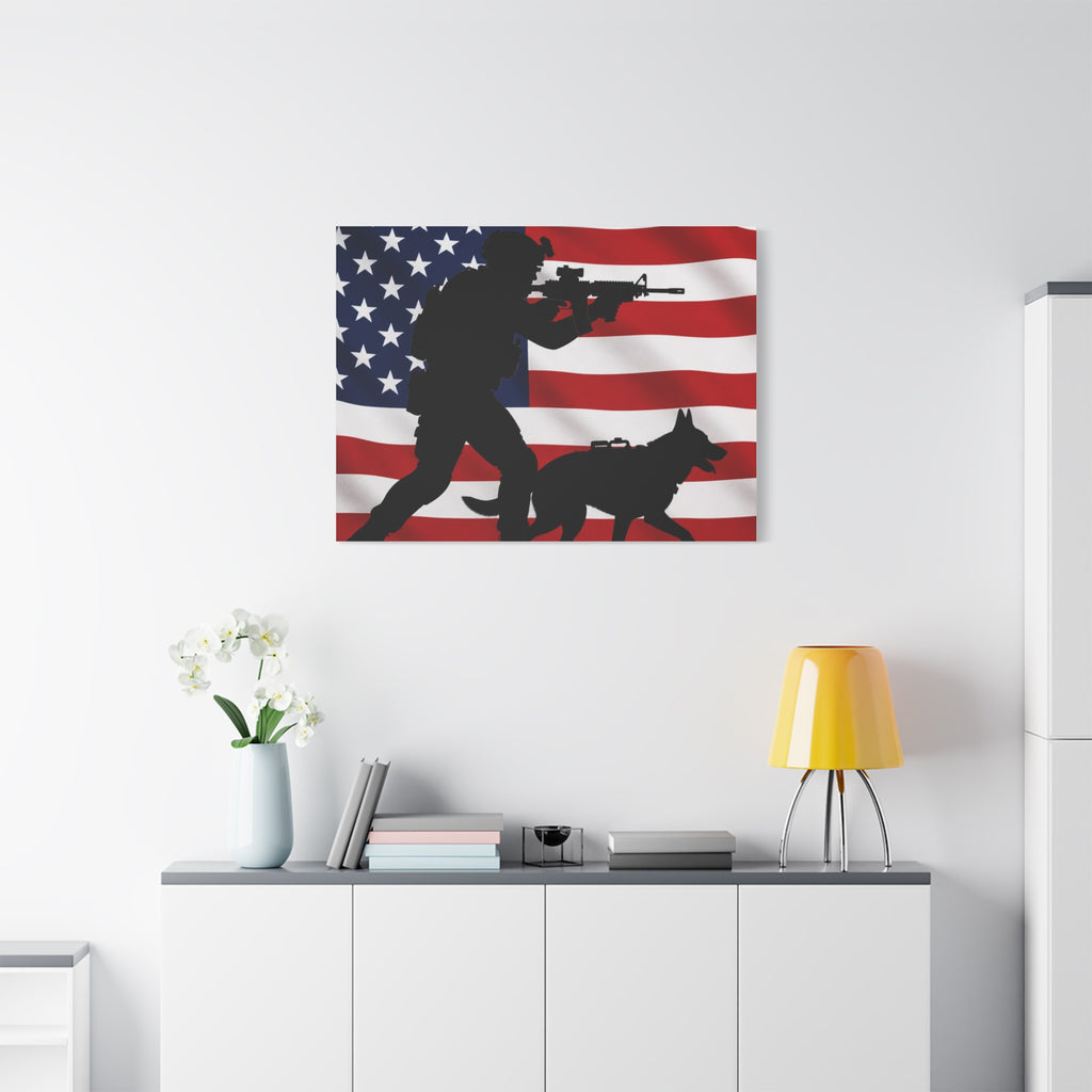 Patriotic Military K9 Canvas Wall Art — Soldier and Dog Silhouette with American Flag