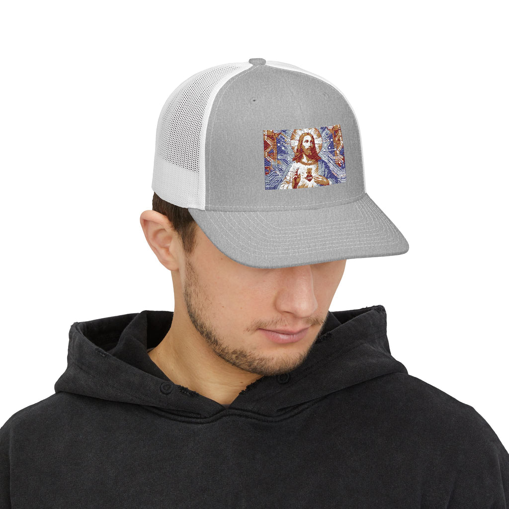 Religious Trucker Cap — Mosaic Sacred Heart Patch Snapback