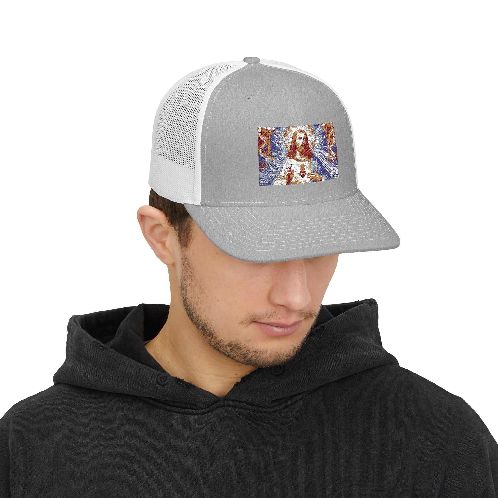 Religious Trucker Cap — Mosaic Sacred Heart Patch Snapback