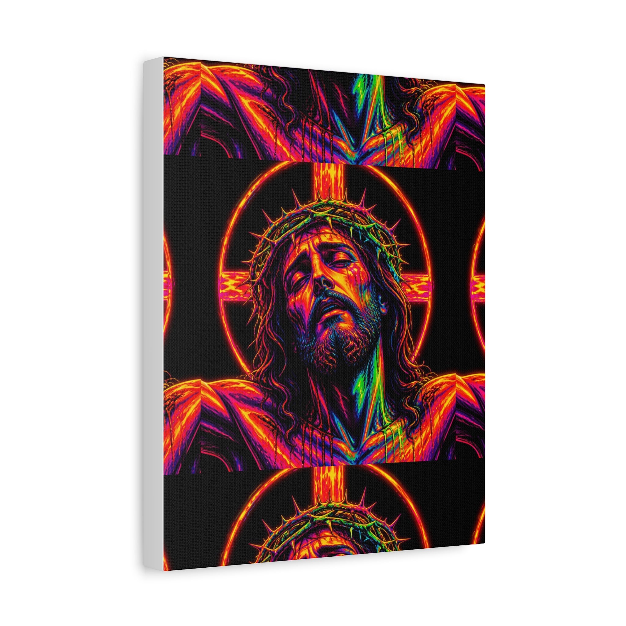 Neon Christ Crucifix Canvas Print — Vibrant Religious Wall Art