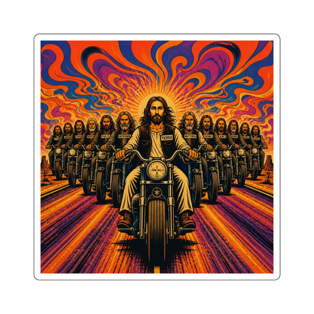 Psychedelic Biker Jesus Square Sticker — Retro Motorcycle Faith Art