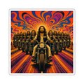 Psychedelic Biker Jesus Square Sticker — Retro Motorcycle Faith Art