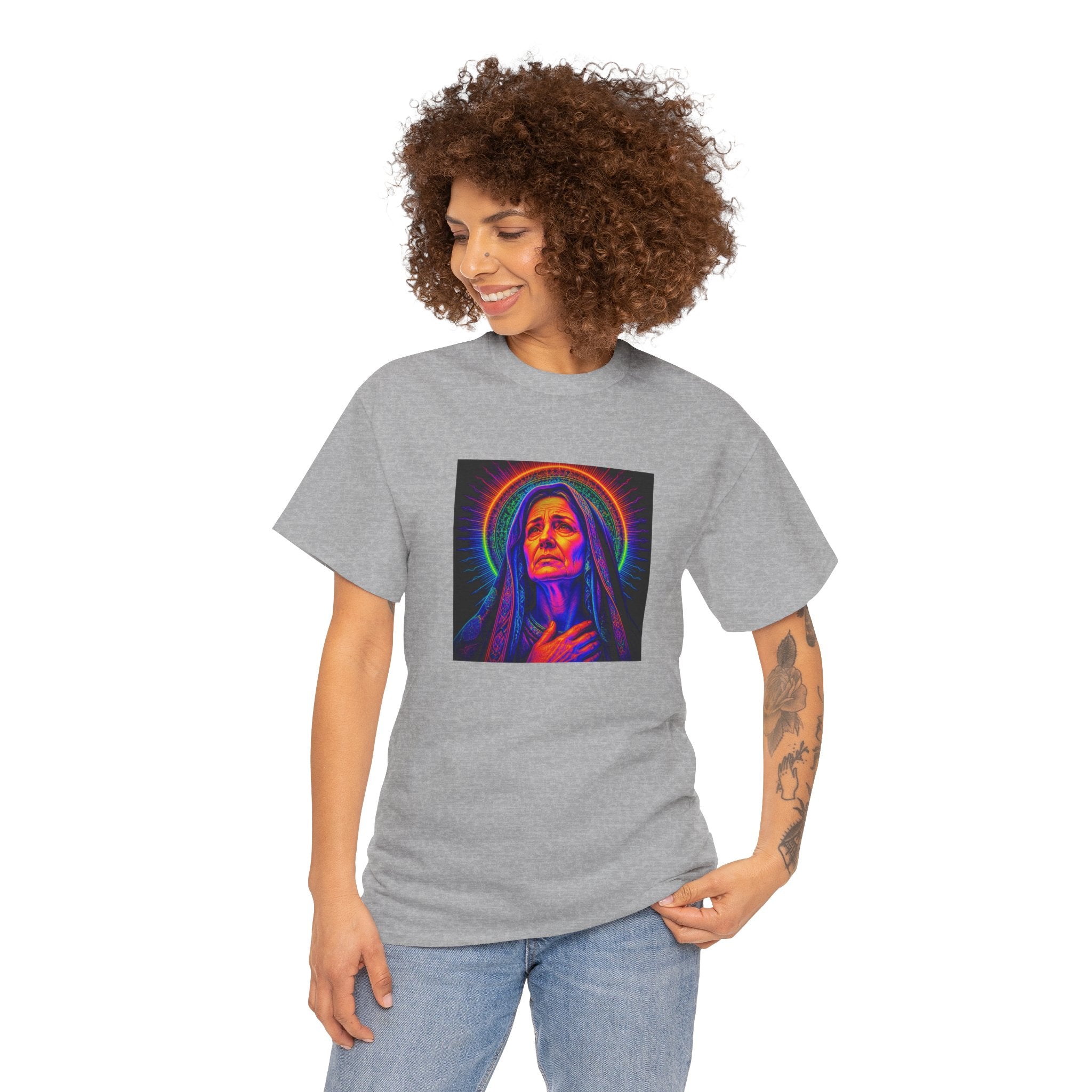 T-Shirt — Neon Madonna Portrait Graphic Tee Mother of Christ