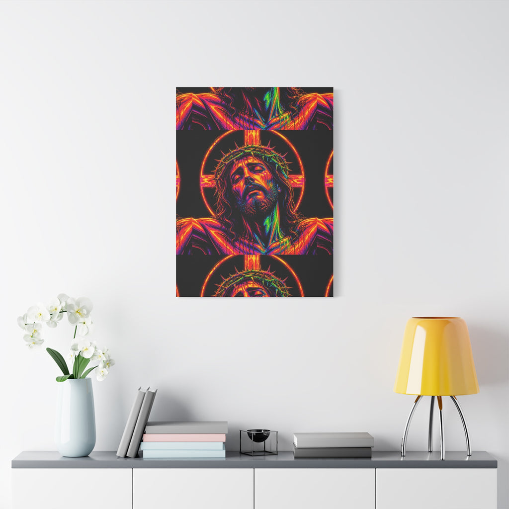Neon Christ Crucifix Canvas Print — Vibrant Religious Wall Art