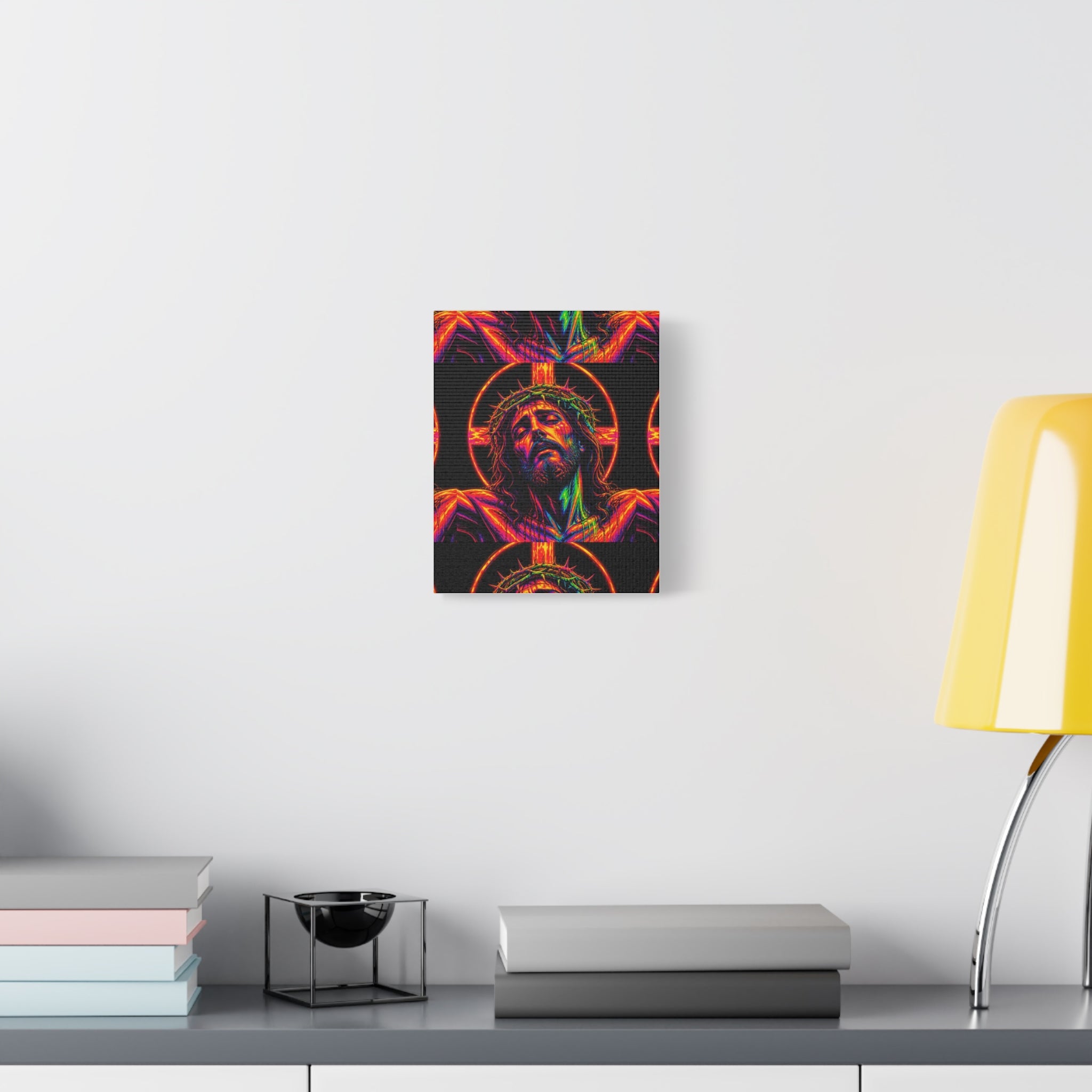 Neon Christ Crucifix Canvas Print — Vibrant Religious Wall Art