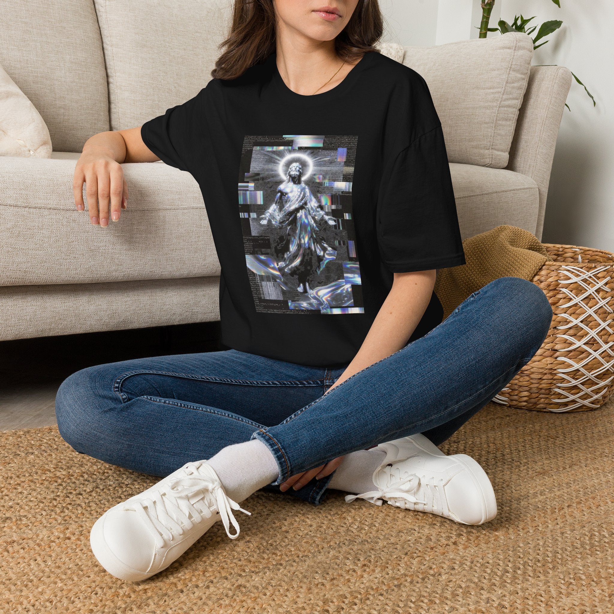 Glitch Halo Jesus T-Shirt — Vintage Religious Retro Digital Art Tee