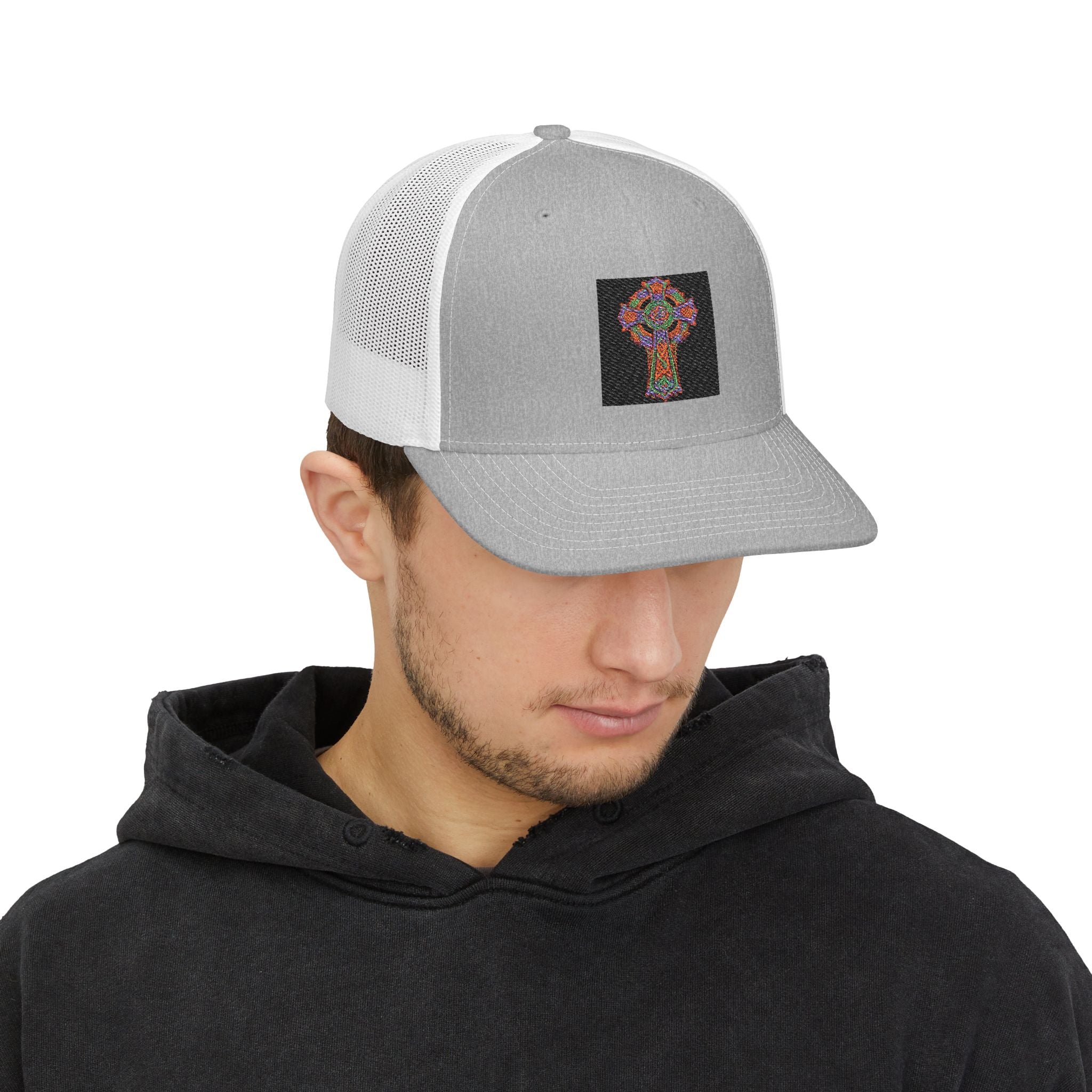 Floral Cross Snapback Trucker Cap — Colorful Mosaic Church Cross Hat