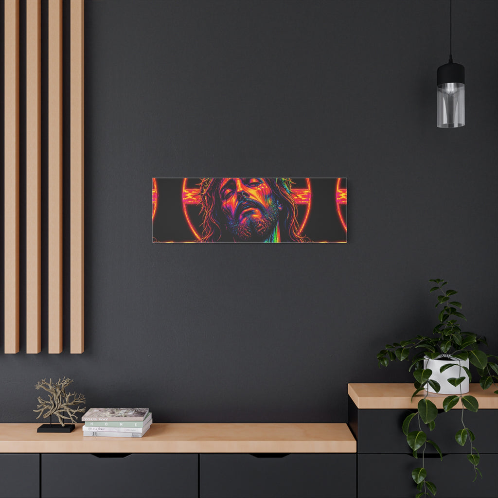 Neon Christ Crucifix Canvas Print — Vibrant Religious Wall Art