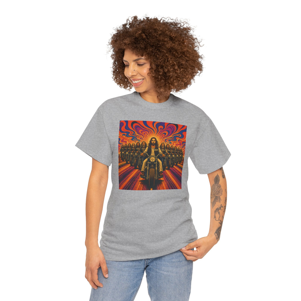 Psychedelic Yashua/Jesus Biker Crew T-Shirt — Retro Jesus Motorcycle Rider Graphic Tee