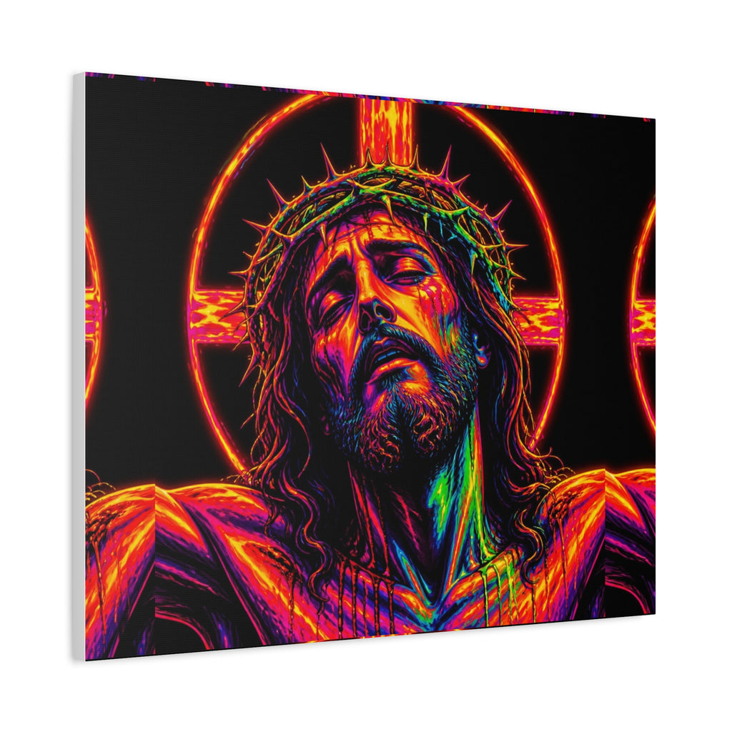 Neon Christ Crucifix Canvas Print — Vibrant Religious Wall Art