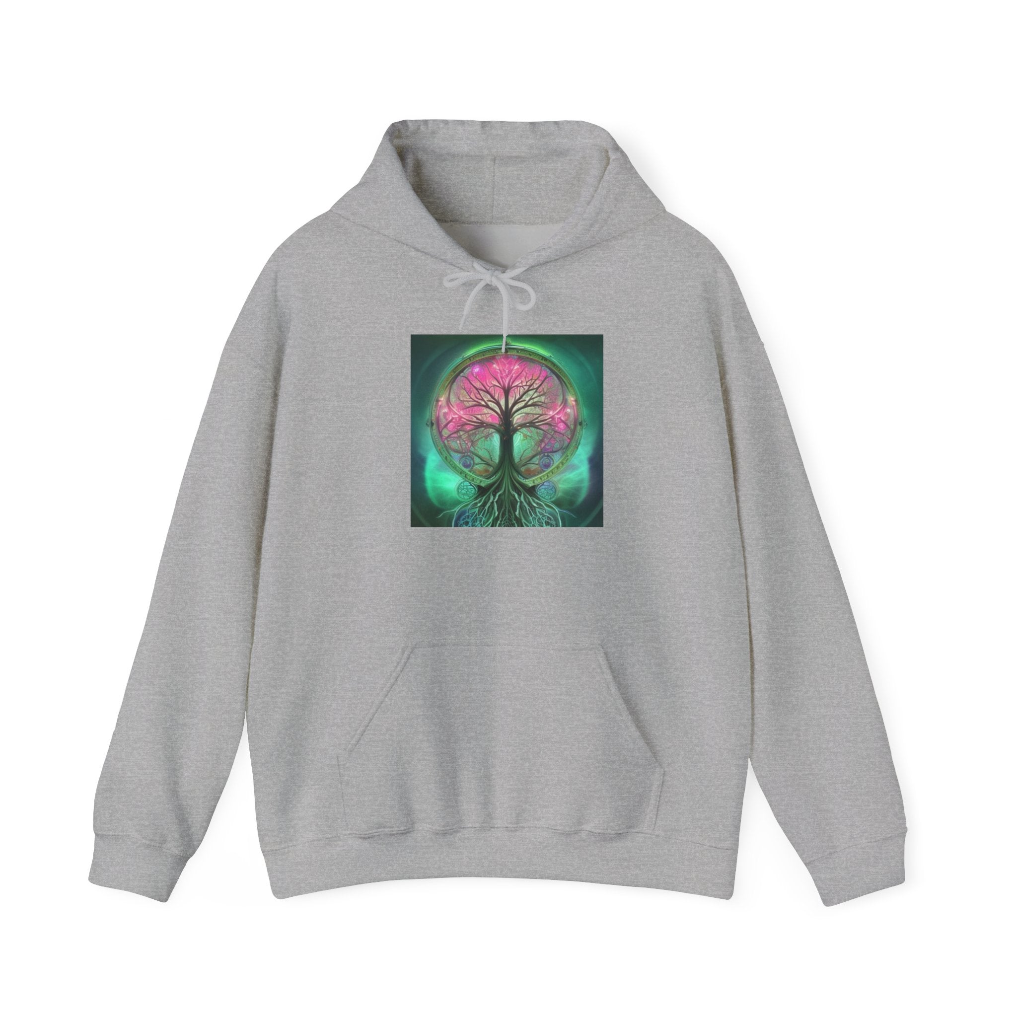 Tree of Life Hoodie — Vibrant Pink & Teal Spiritual Graphic Hooded Sweatshirt