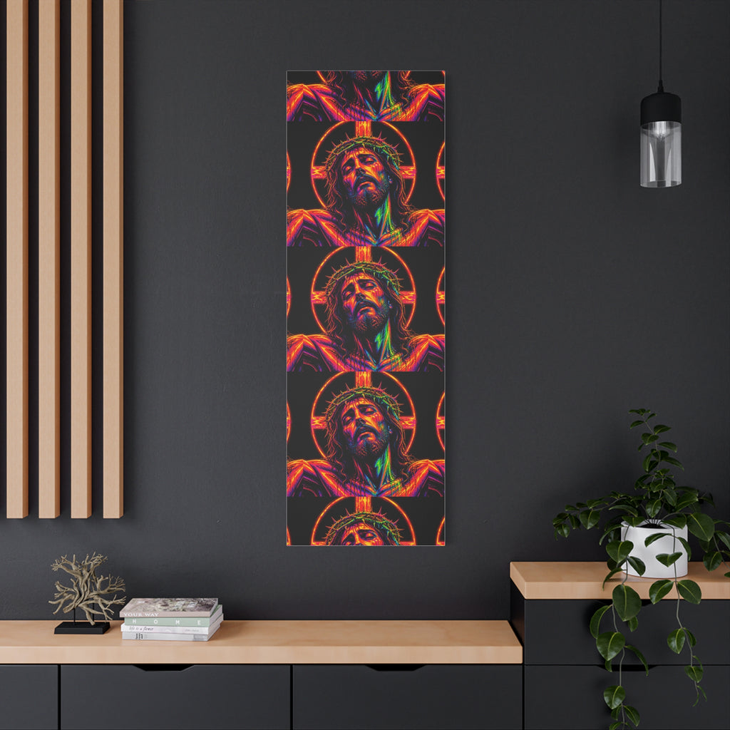 Neon Christ Crucifix Canvas Print — Vibrant Religious Wall Art