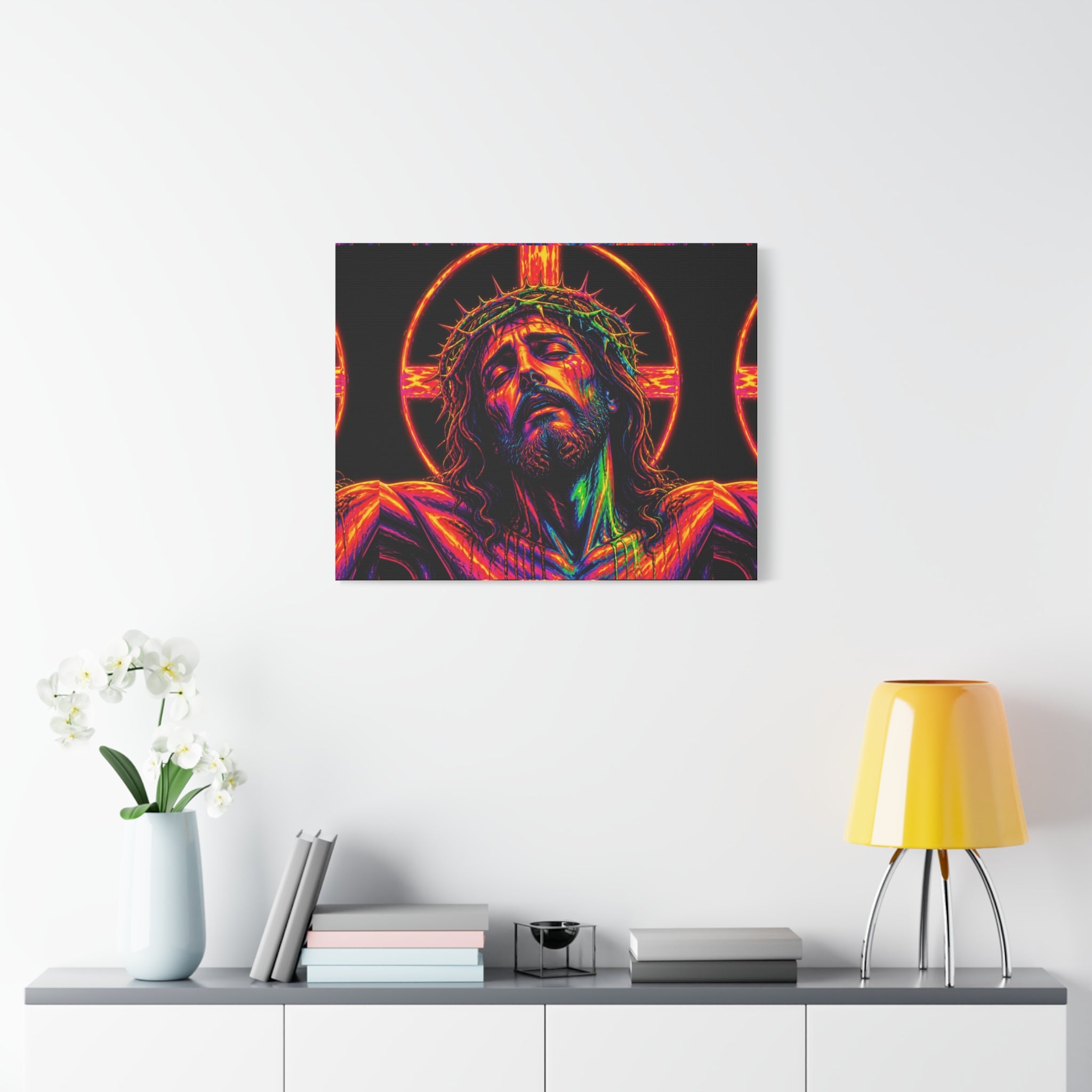 Neon Christ Crucifix Canvas Print — Vibrant Religious Wall Art