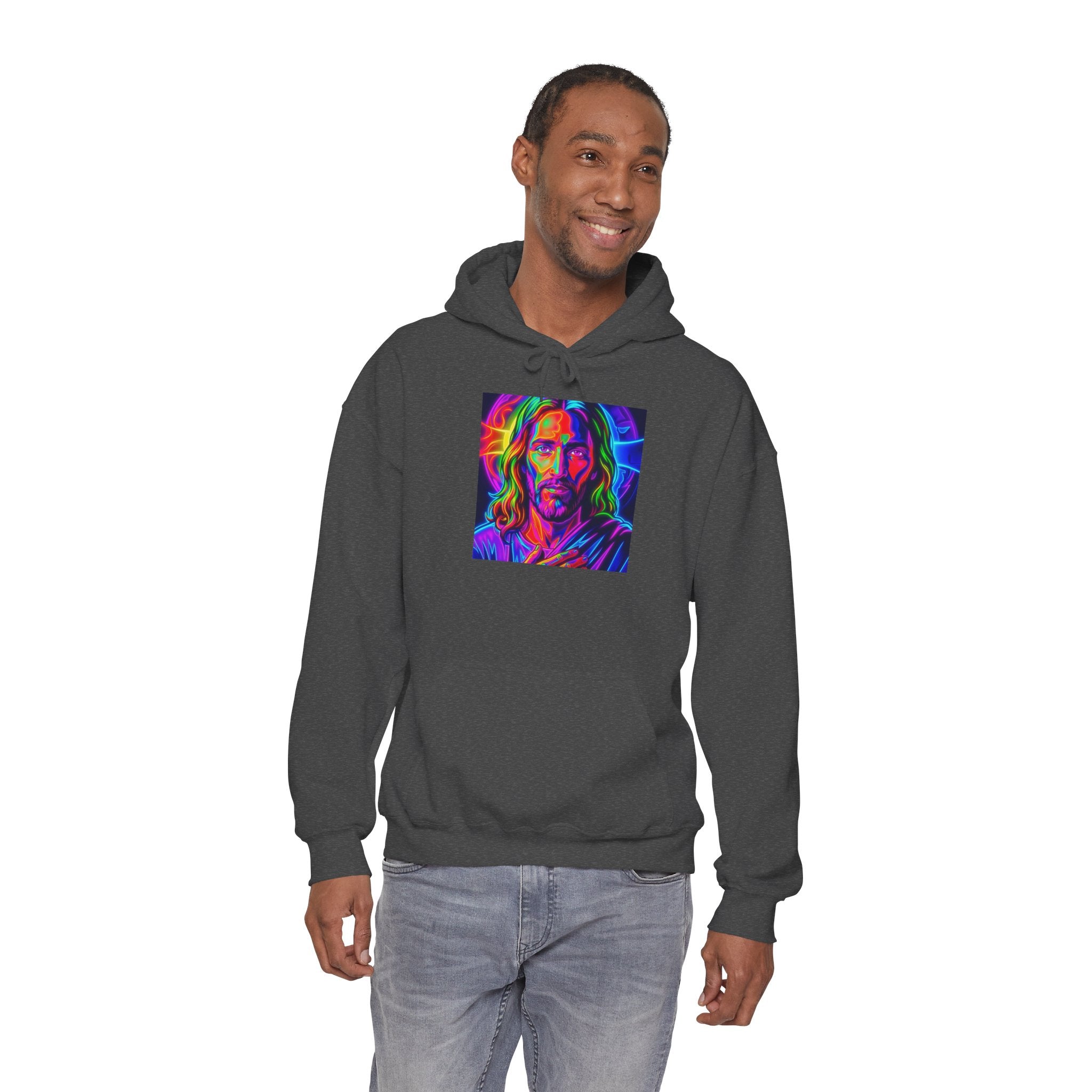 Psychedelic Jesus Portrait Hoodie — Vibrant Rainbow Christian Graphic Sweatshirt
