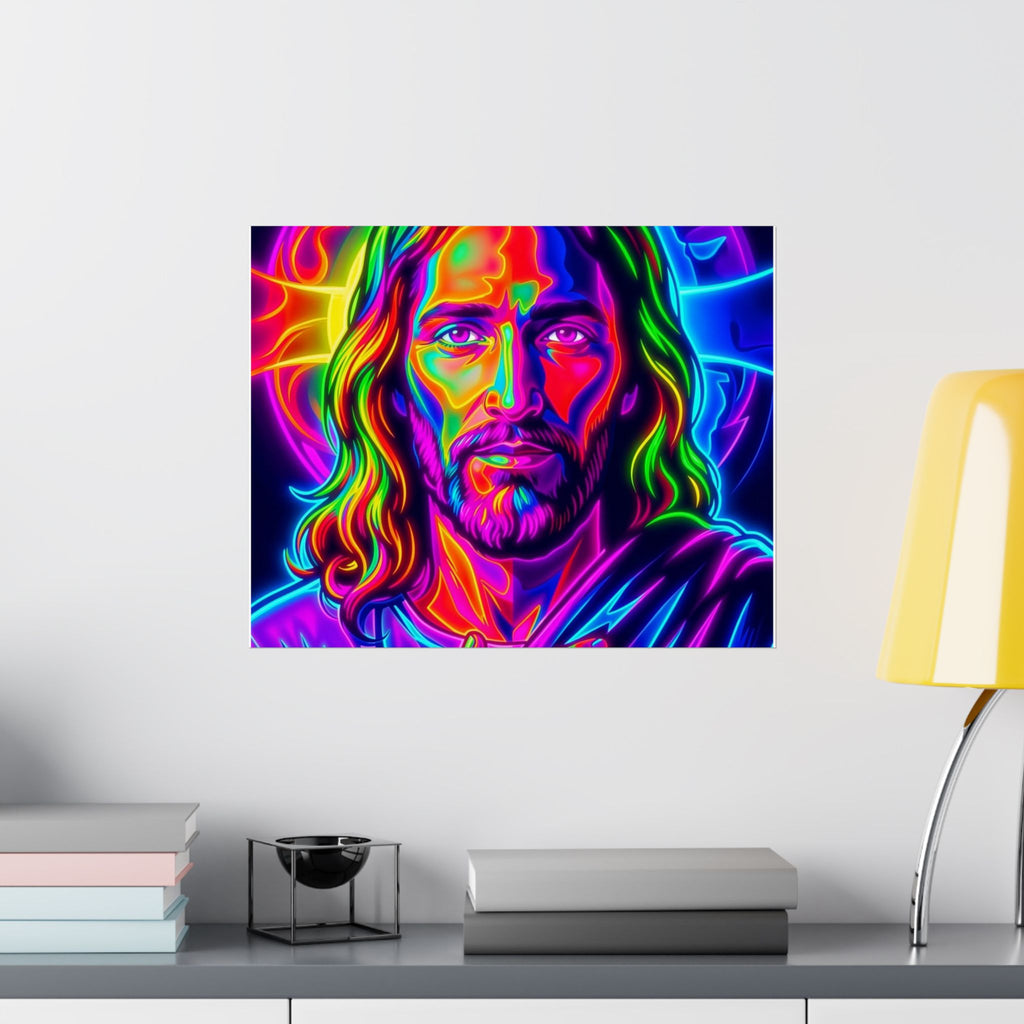 Neon Jesus Portrait Satin Poster — Vibrant Spiritual Wall Art (210gsm)