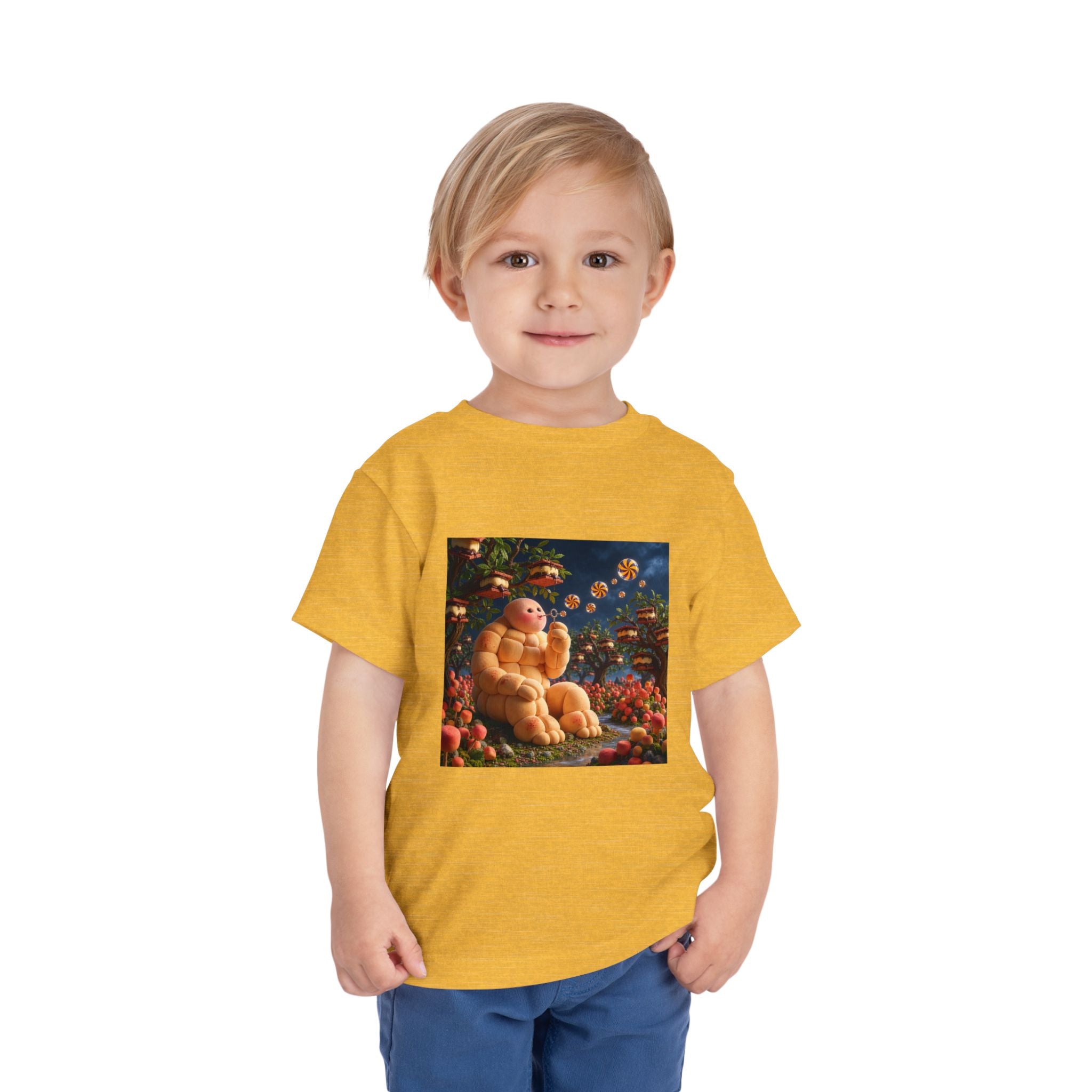Toddler Tee — Cute Chubby Creature in Flower Garden Kids Shirt-Marshmallow Man