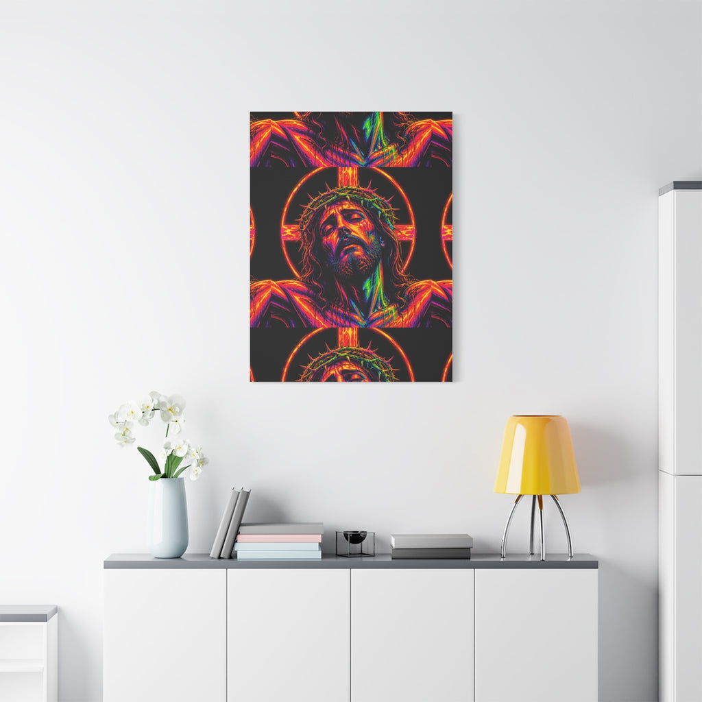 Neon Christ Crucifix Canvas Print — Vibrant Religious Wall Art