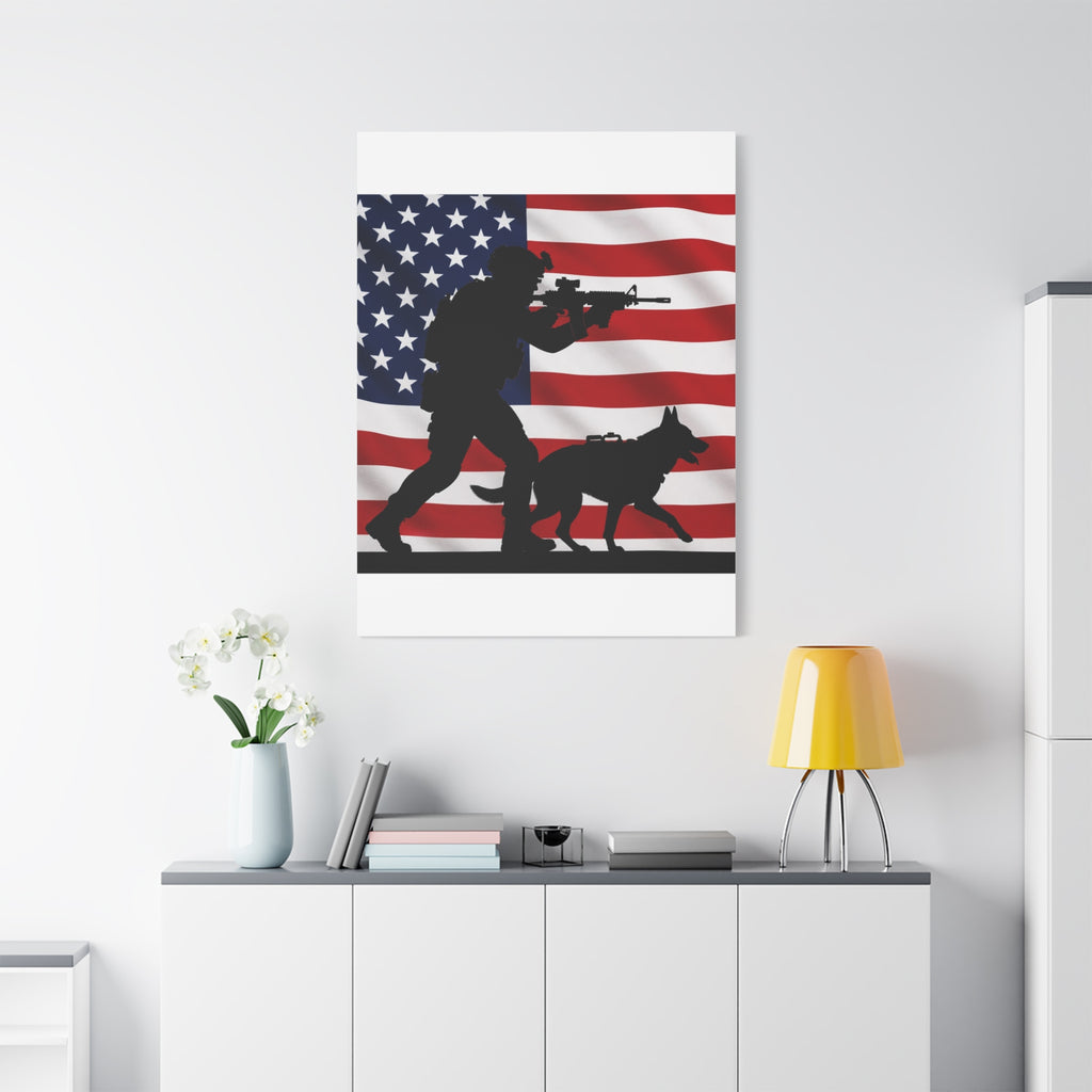 Patriotic Military K9 Canvas Wall Art — Soldier and Dog Silhouette with American Flag