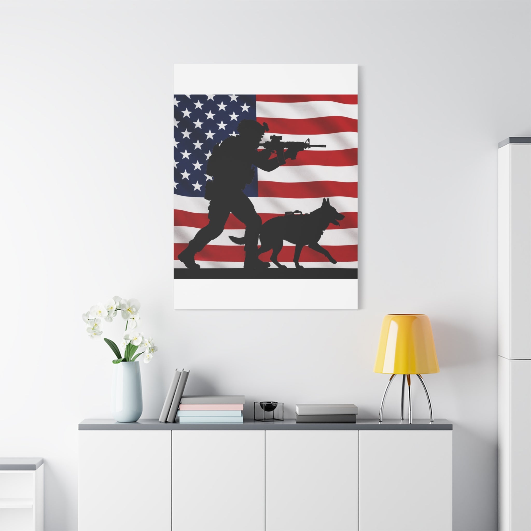 Patriotic Military K9 Canvas Wall Art — Soldier and Dog Silhouette with American Flag