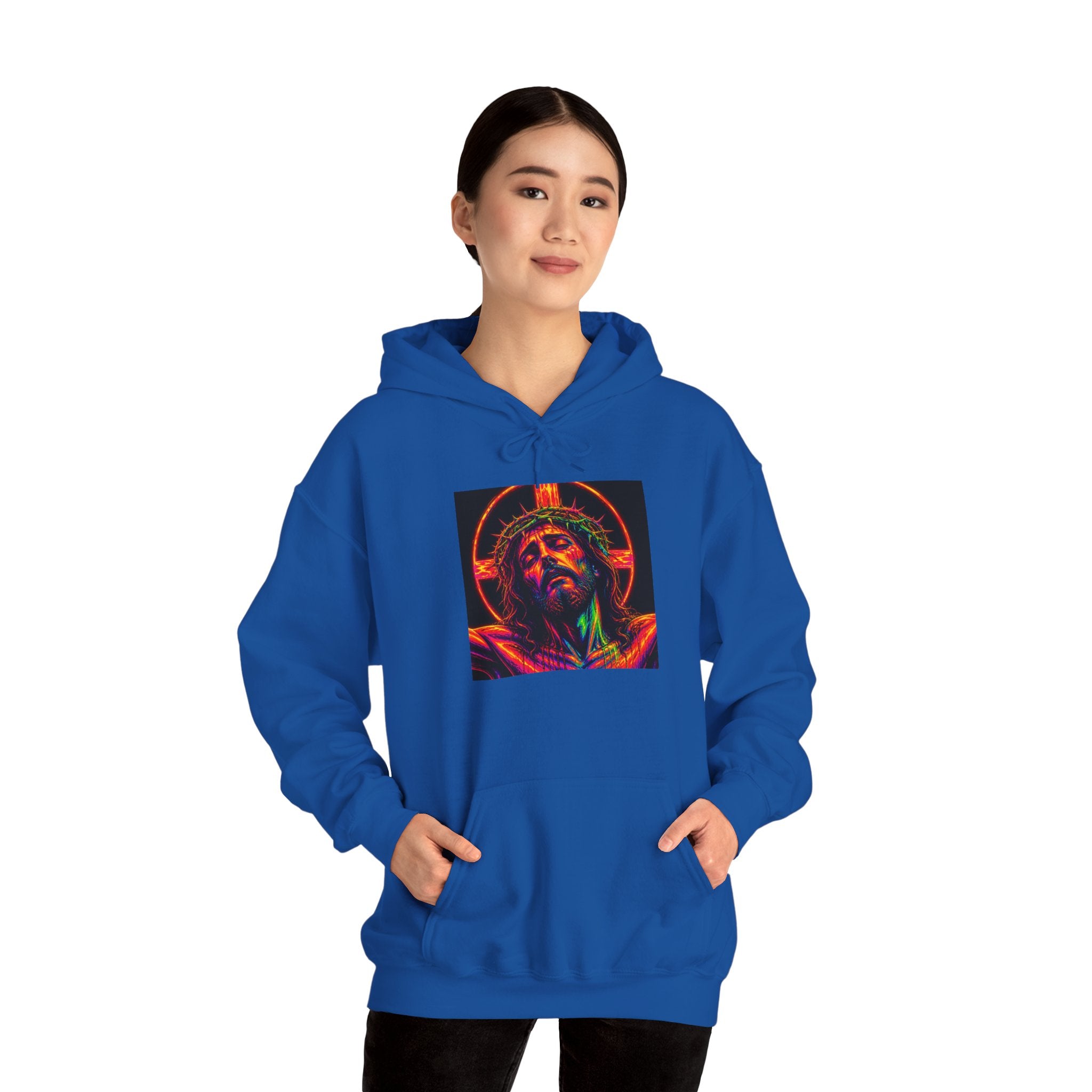 Jesus Portrait Hoodie — Neon Sacred Heart Graphic Hooded Sweatshirt