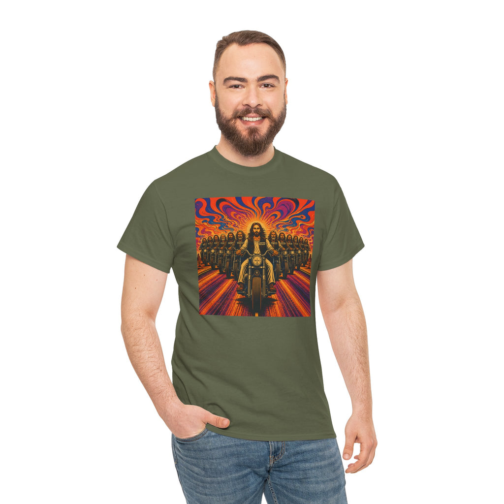 Psychedelic Yashua/Jesus Biker Crew T-Shirt — Retro Jesus Motorcycle Rider Graphic Tee