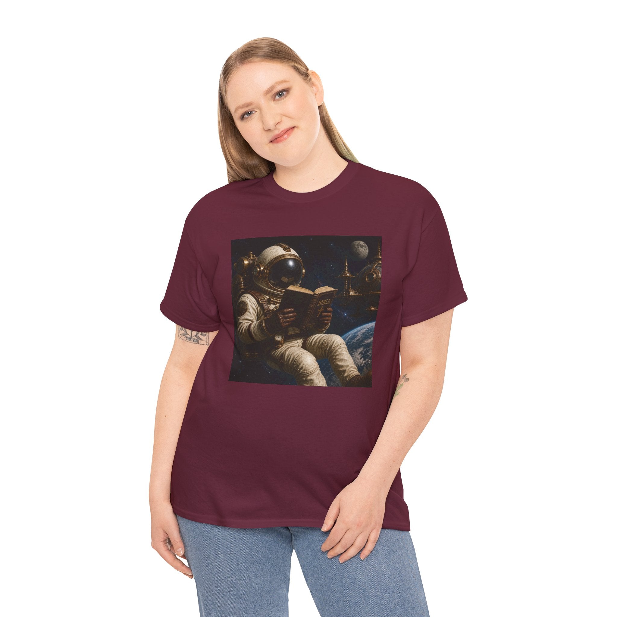 Astronaut Reading Graphic Tee — Spacebook Retro Sci‑Fi T-Shirt - Steampunk