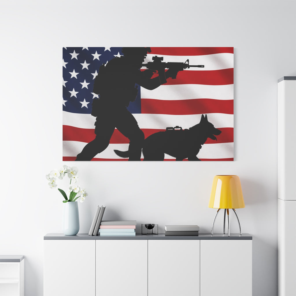 Patriotic Military K9 Canvas Wall Art — Soldier and Dog Silhouette with American Flag