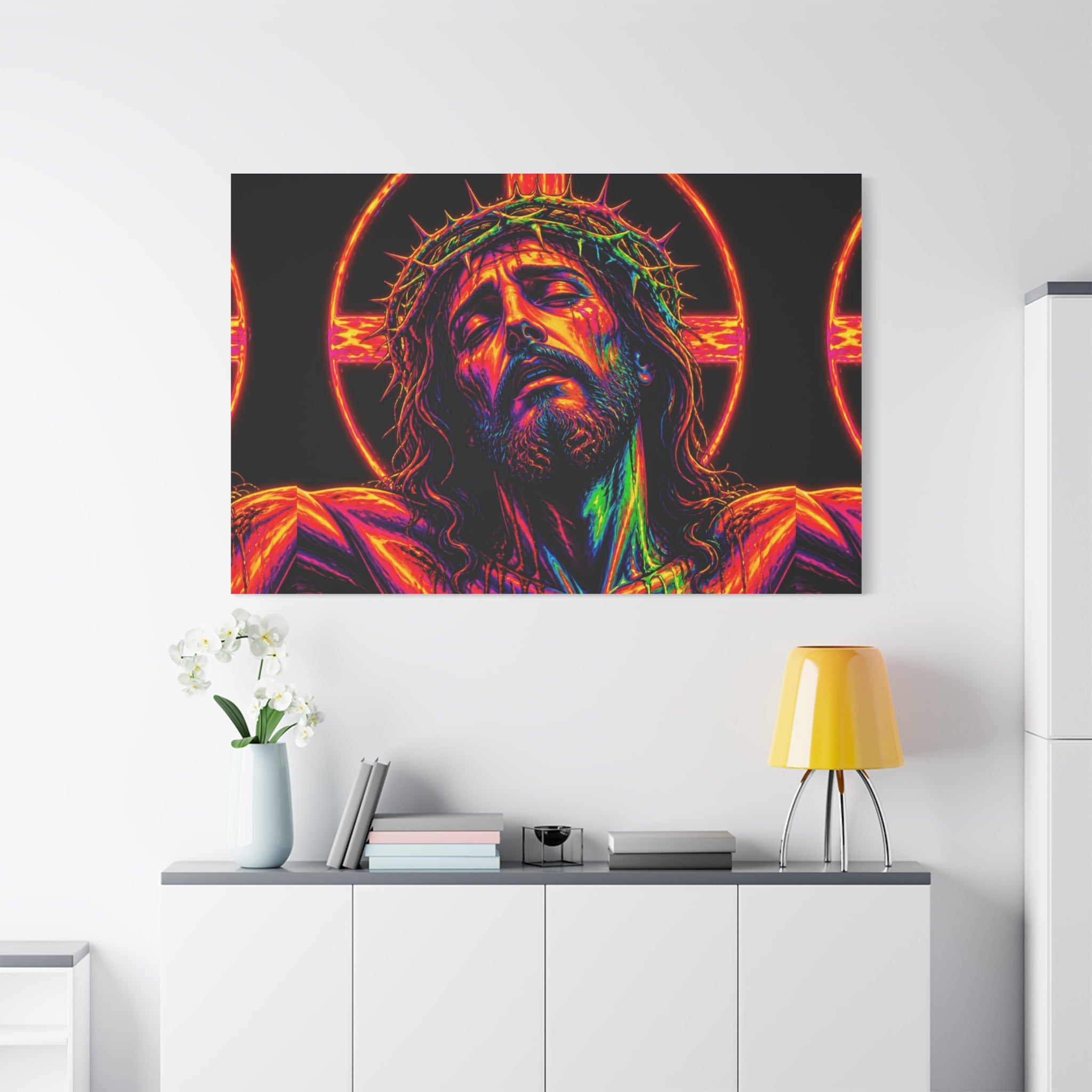 Neon Christ Crucifix Canvas Print — Vibrant Religious Wall Art