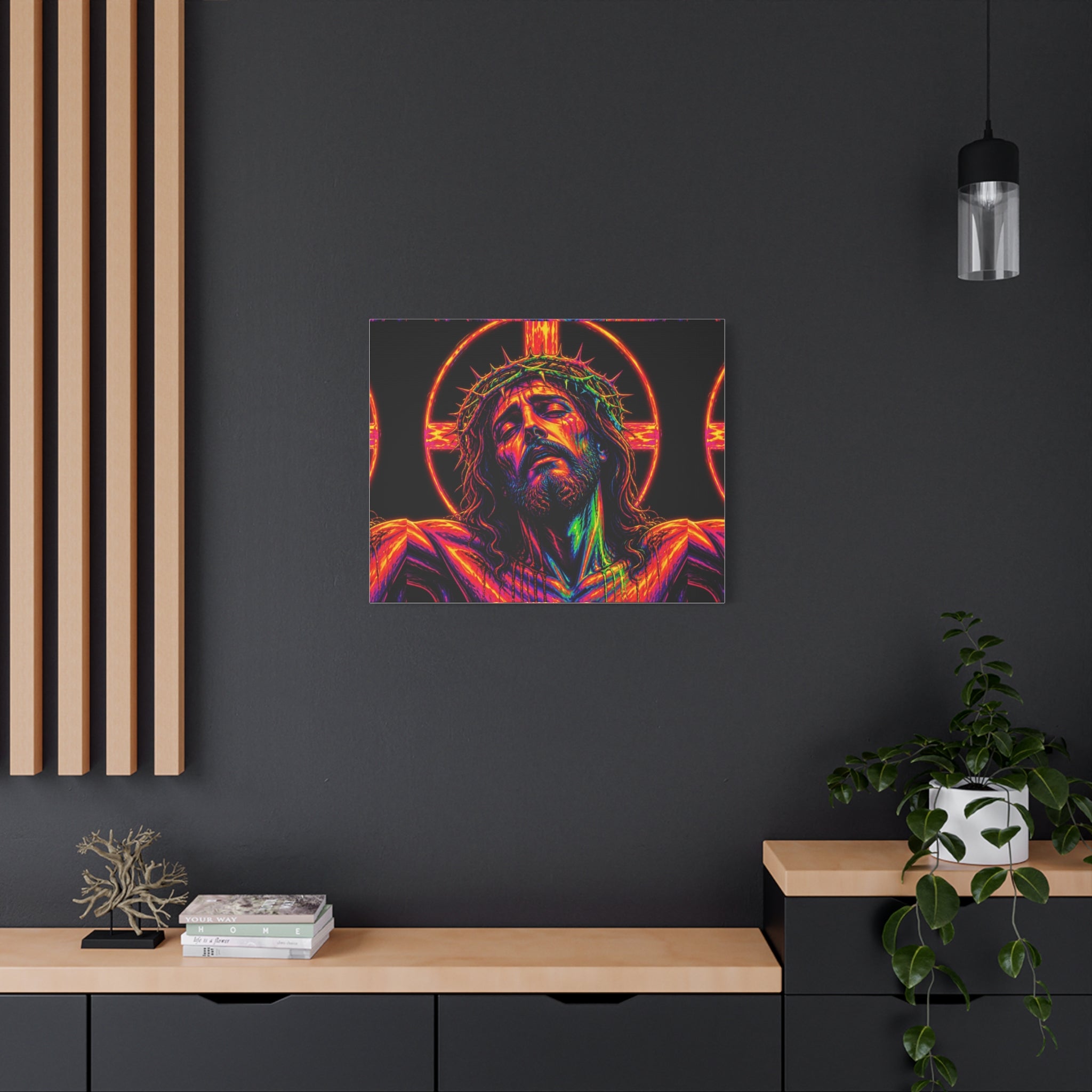 Neon Christ Crucifix Canvas Print — Vibrant Religious Wall Art