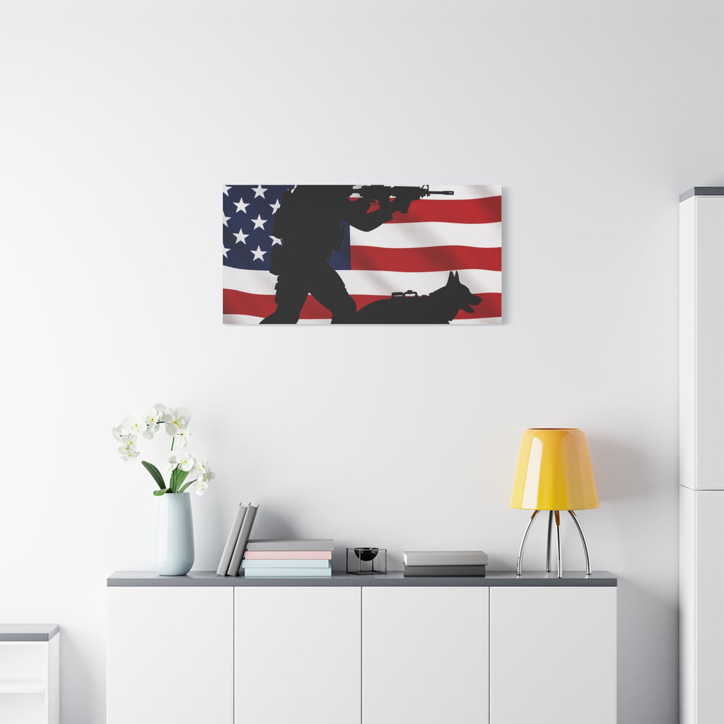 Patriotic Military K9 Canvas Wall Art — Soldier and Dog Silhouette with American Flag
