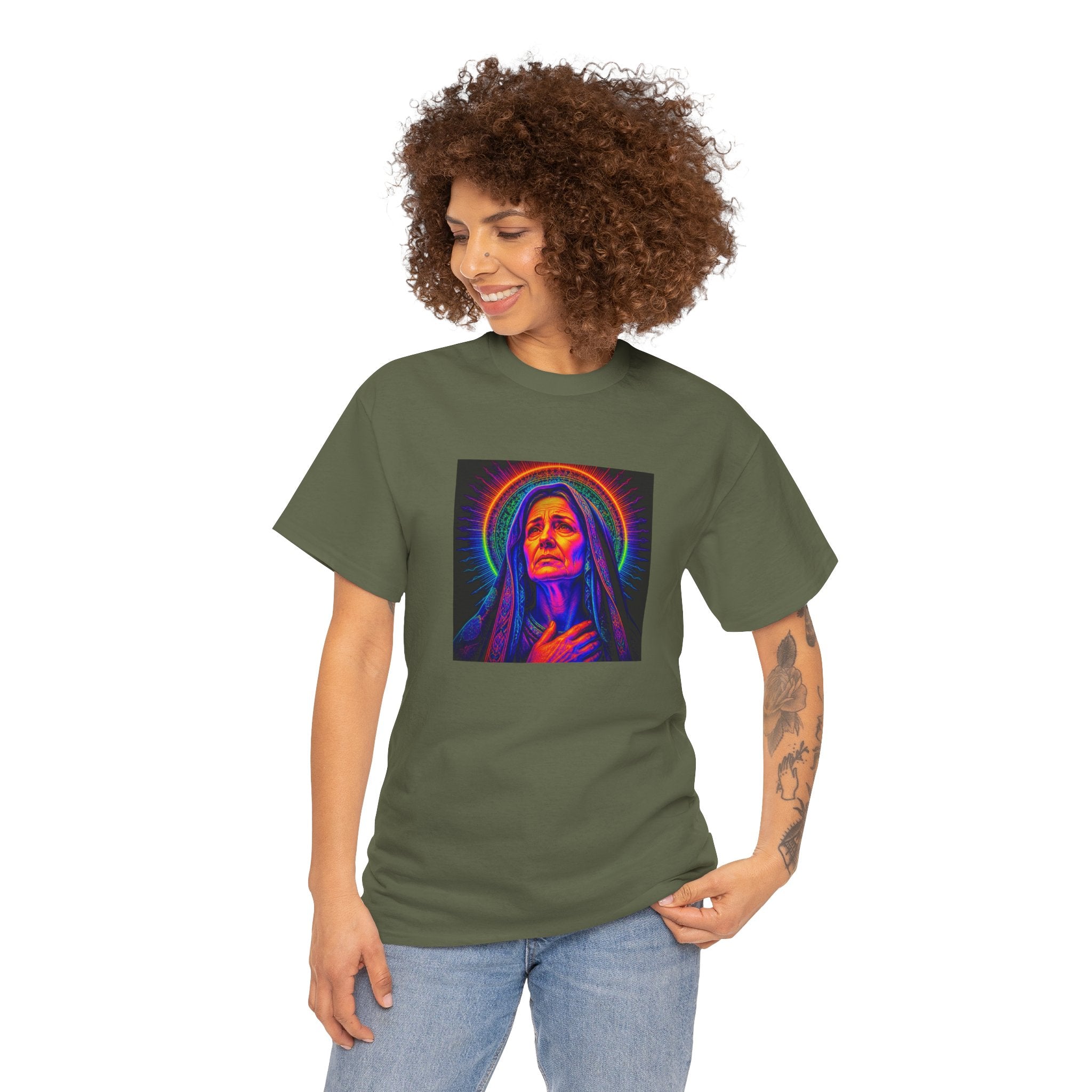 T-Shirt — Neon Madonna Portrait Graphic Tee Mother of Christ