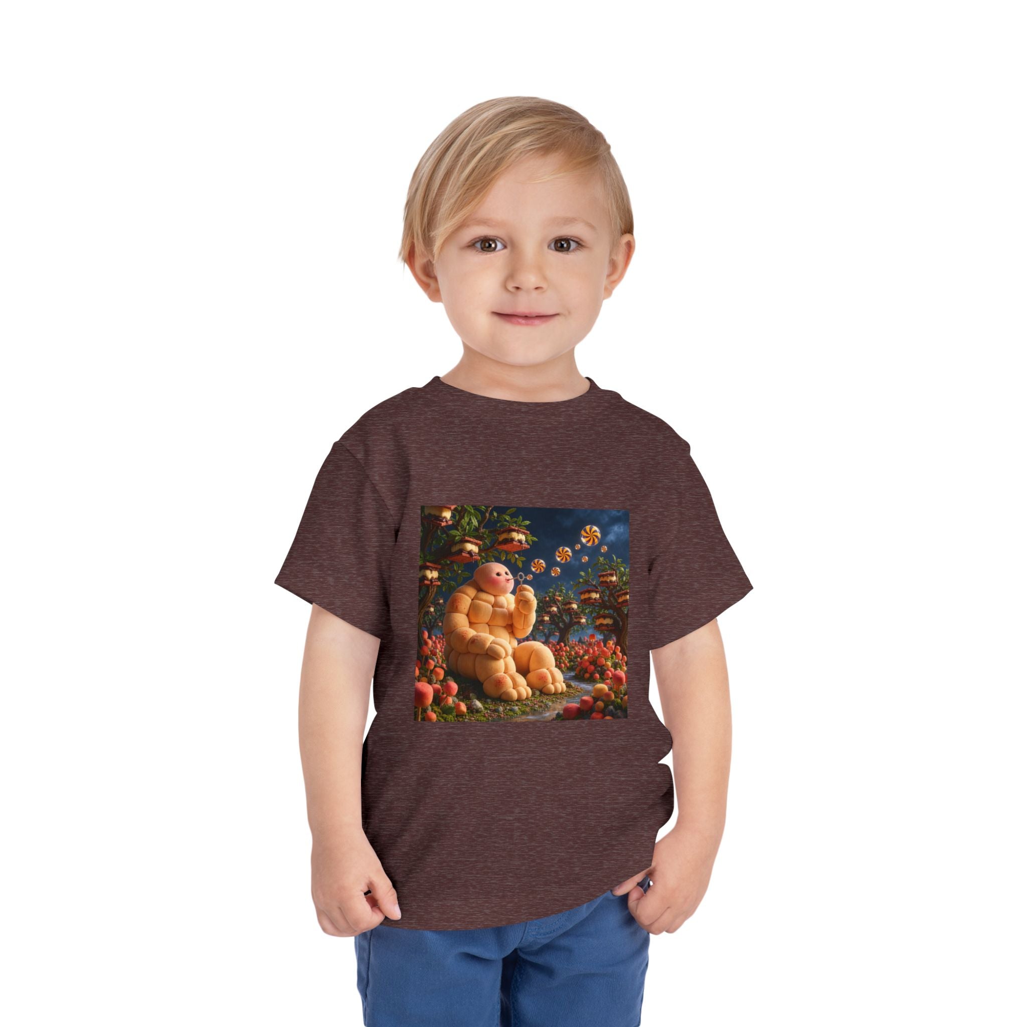 Toddler Tee — Cute Chubby Creature in Flower Garden Kids Shirt-Marshmallow Man