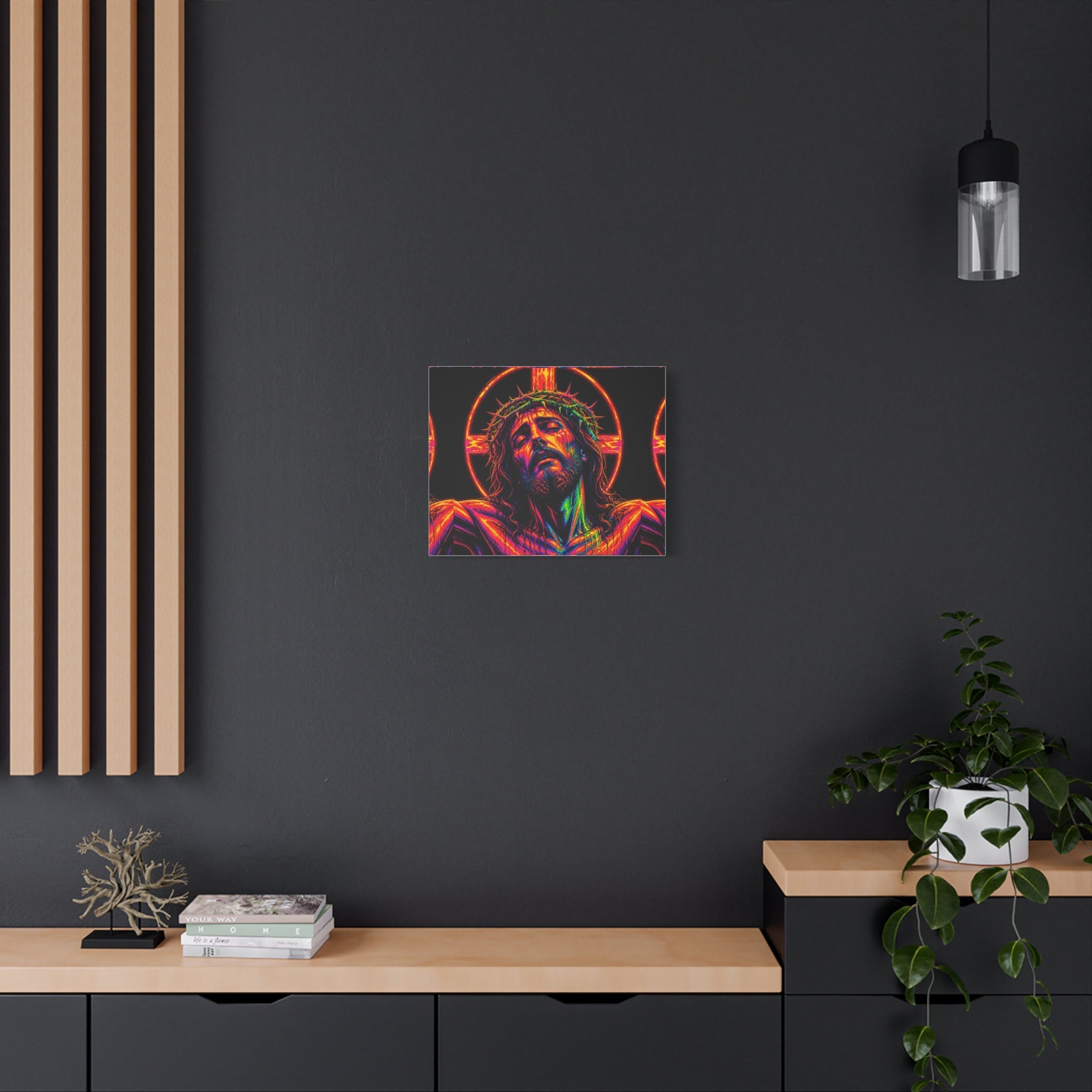 Neon Christ Crucifix Canvas Print — Vibrant Religious Wall Art