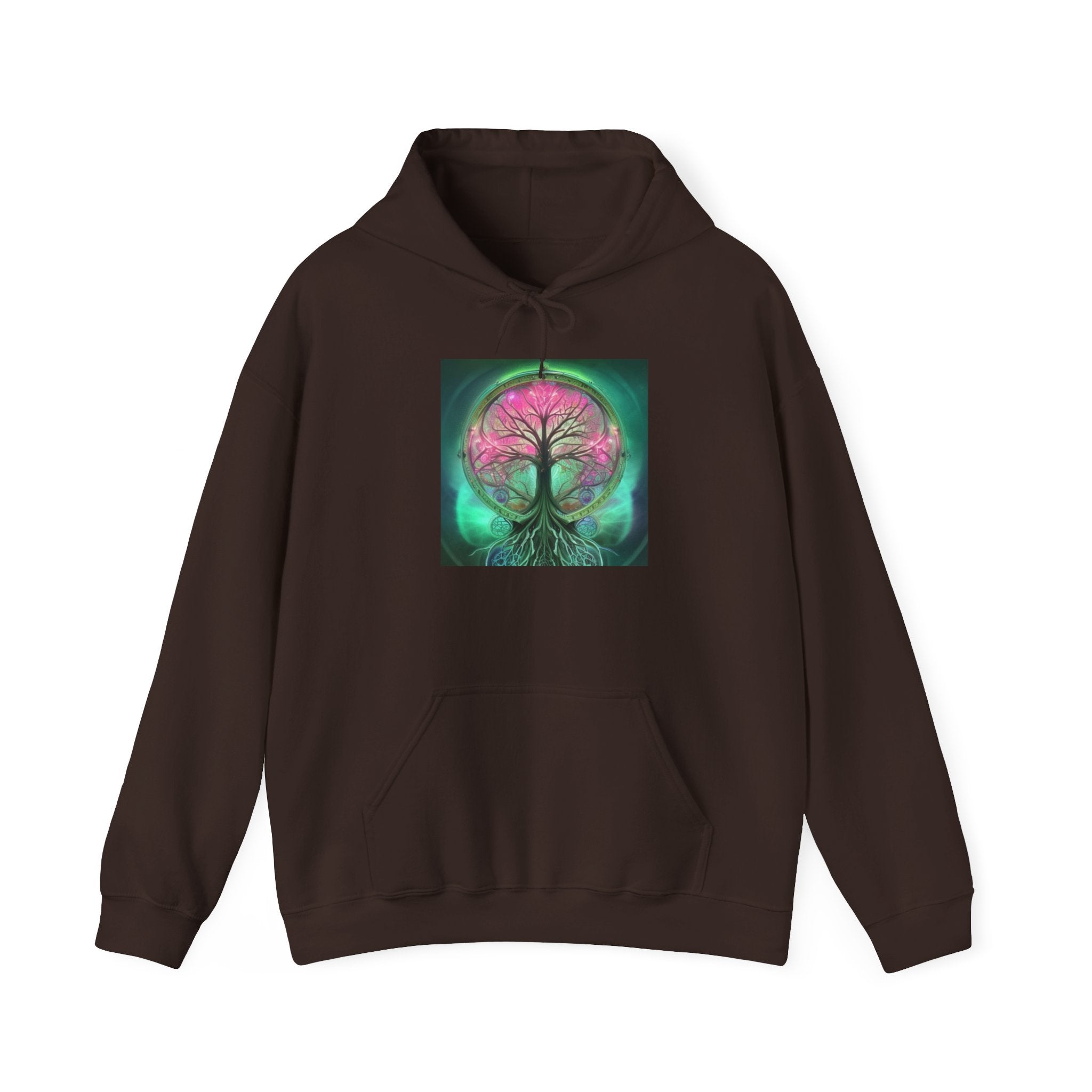 Tree of Life Hoodie — Vibrant Pink & Teal Spiritual Graphic Hooded Sweatshirt