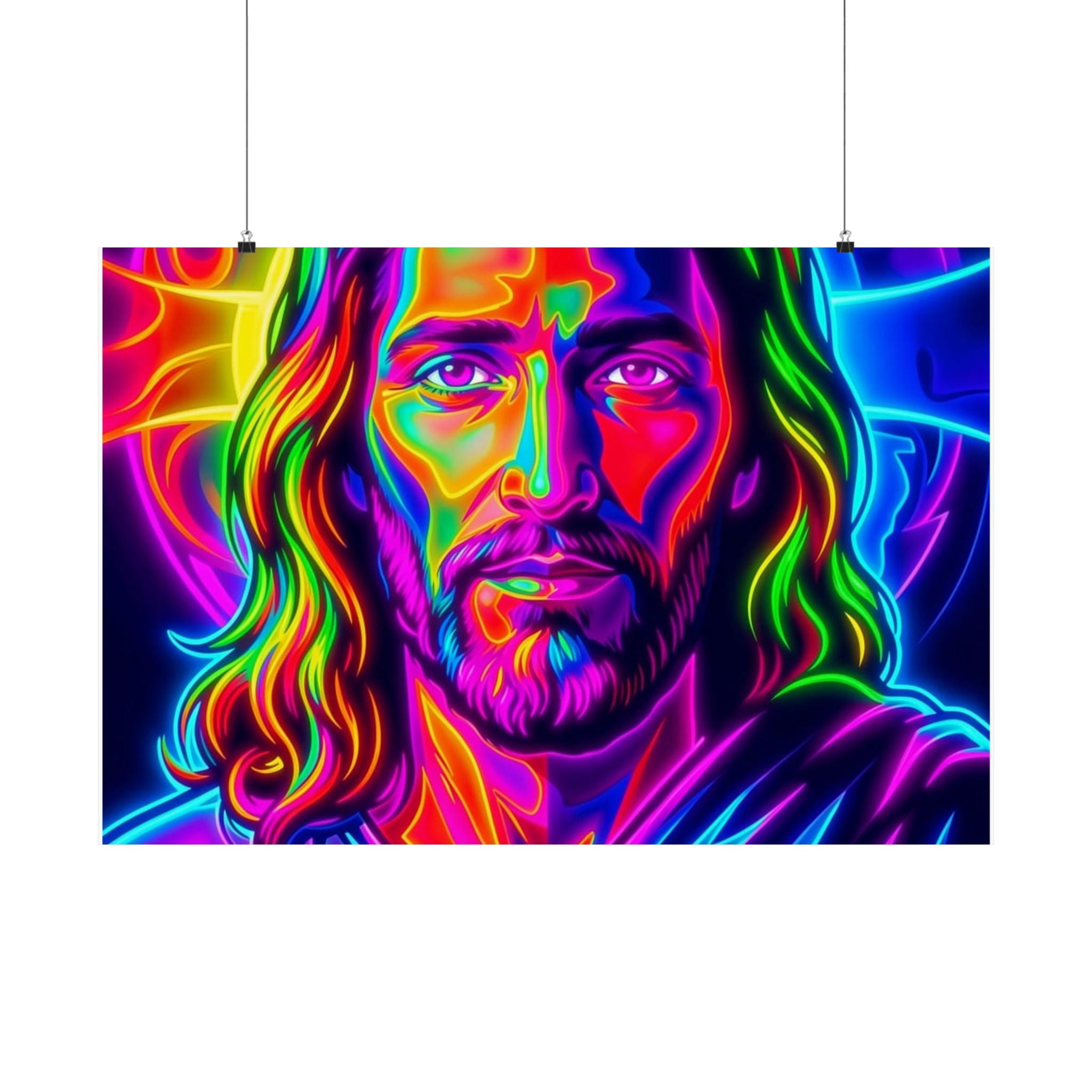 Neon Jesus Portrait Satin Poster — Vibrant Spiritual Wall Art (210gsm)