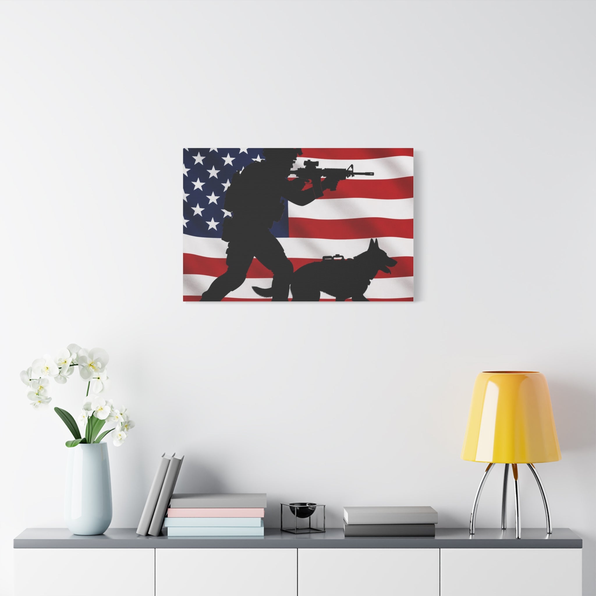 Patriotic Military K9 Canvas Wall Art — Soldier and Dog Silhouette with American Flag
