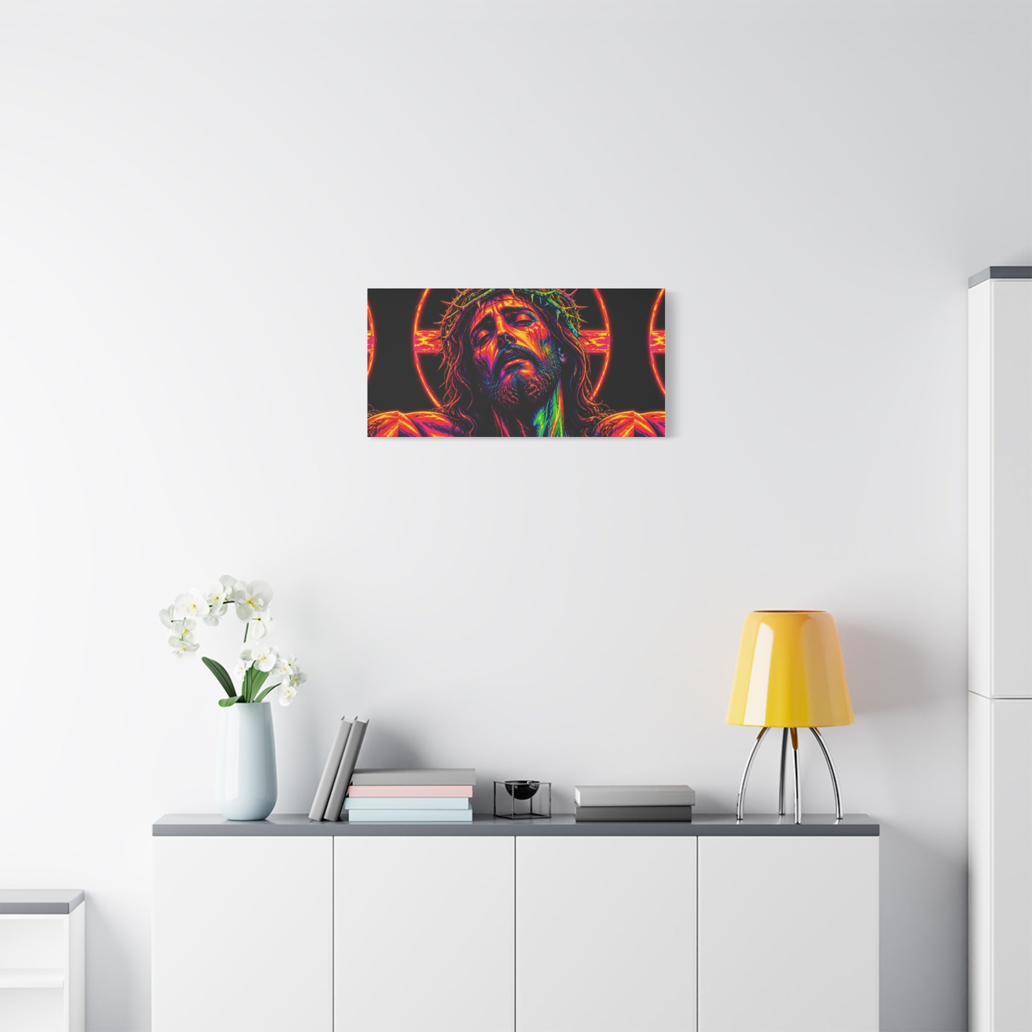 Neon Christ Crucifix Canvas Print — Vibrant Religious Wall Art