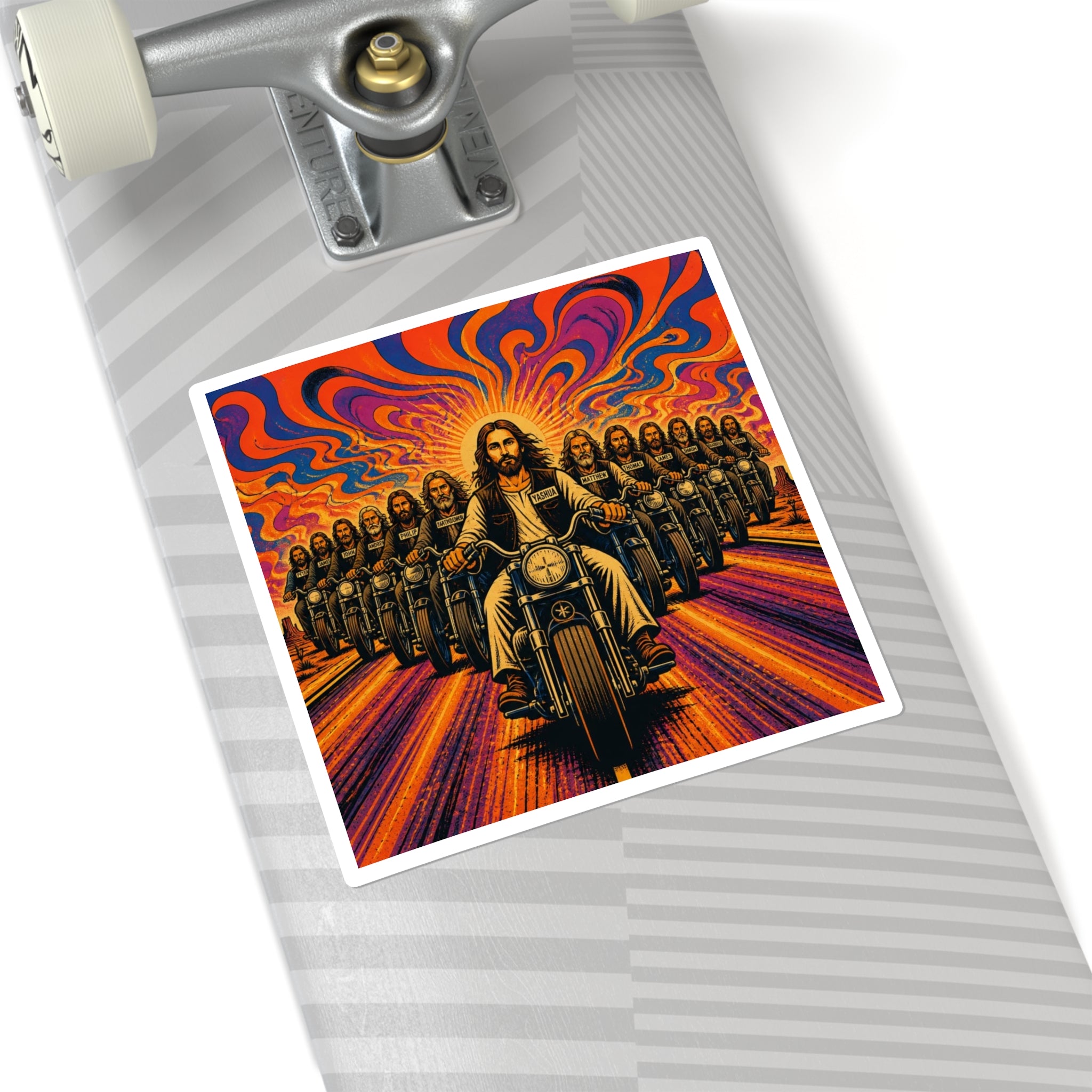 Psychedelic Biker Jesus Square Sticker — Retro Motorcycle Faith Art